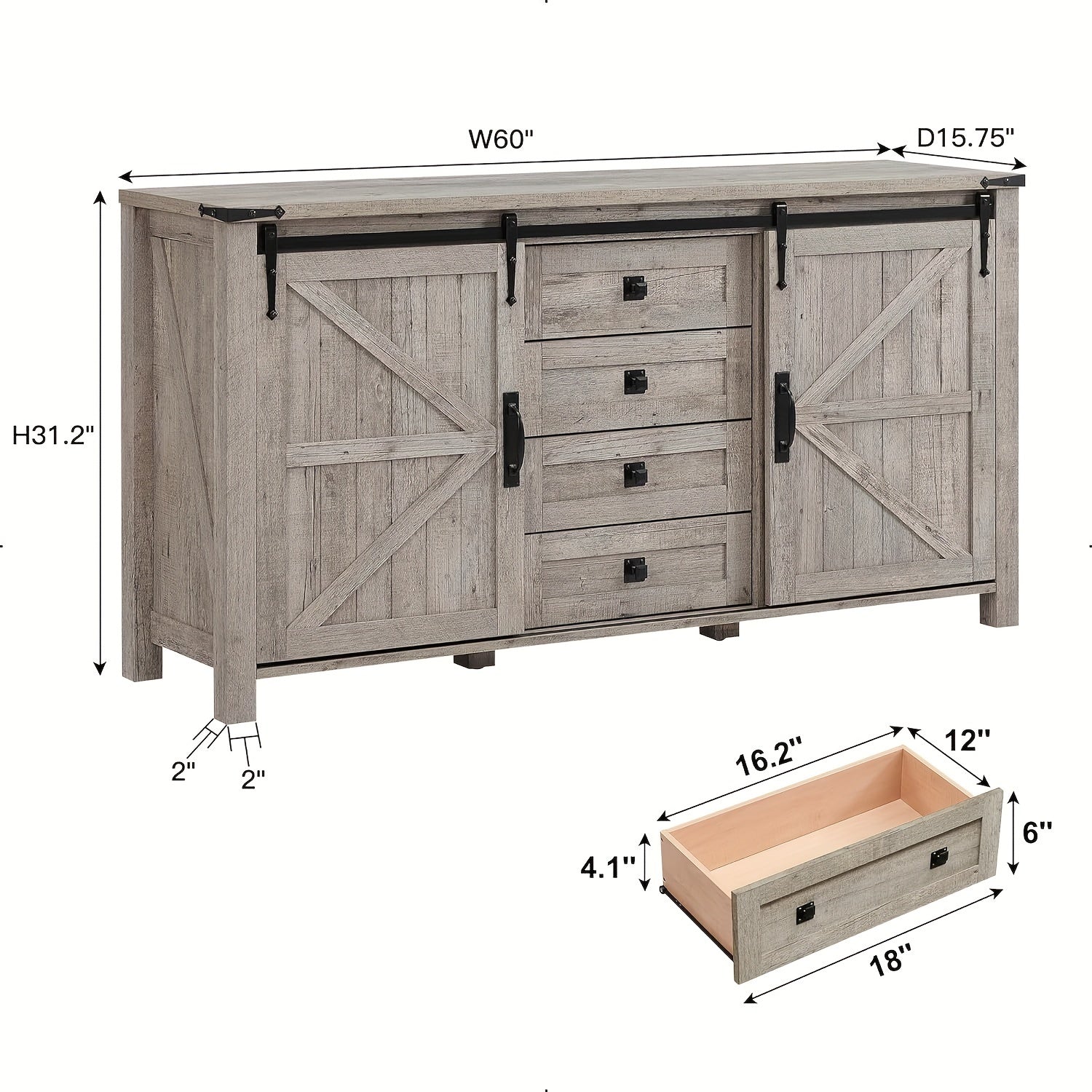 60'' Farmhouse Dresser Chests For Bedroom W/4 Drawers & Sliding Barn Doors, Tall Chest Of Drawers, Rustic Dresser TV Stand, Dresser Organizer For Bedroom, Living Room