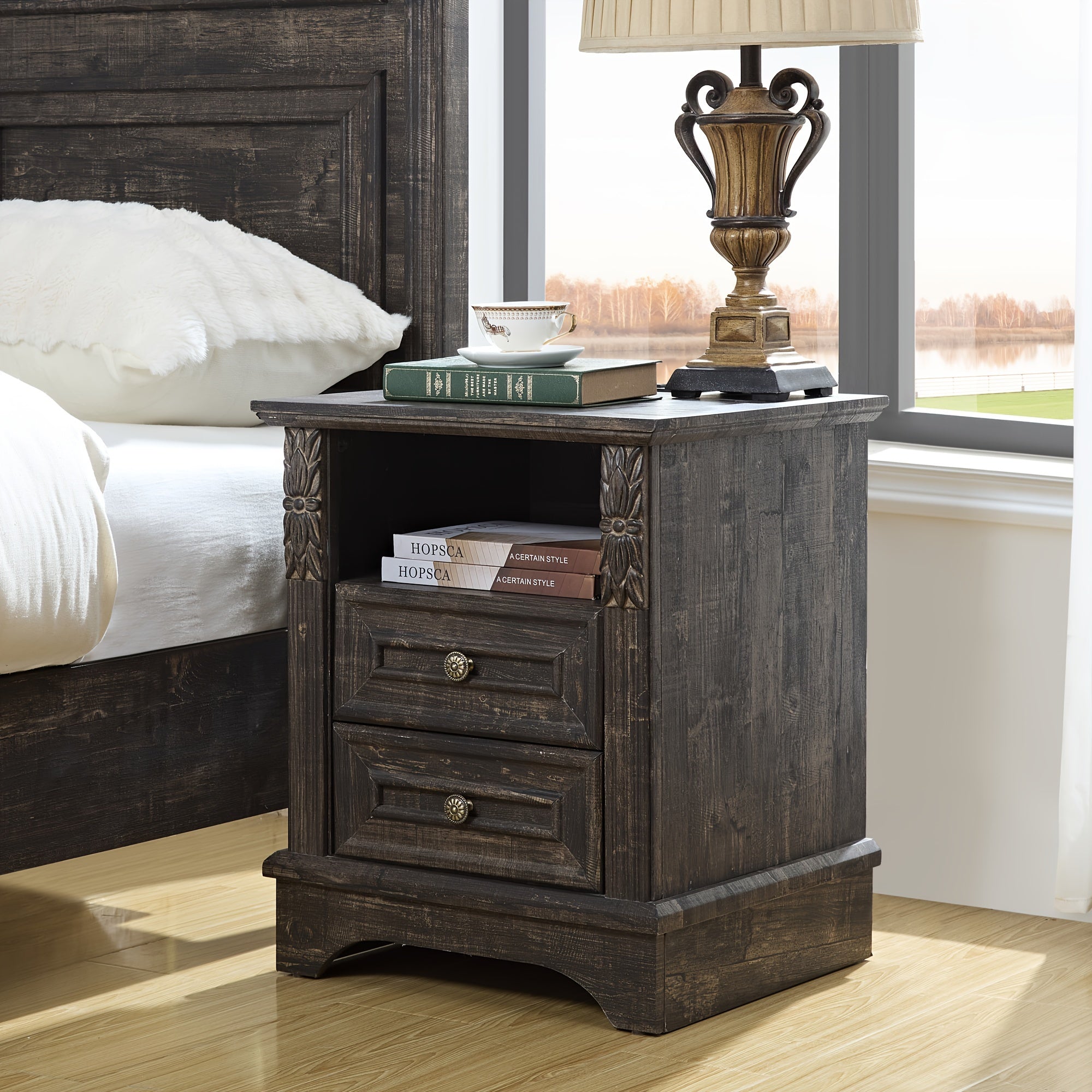 Rustic Oak Farmhouse Dresser with 5 Drawers - Tall Wooden Vanity for Bedroom, Carved Pilasters, Ideal for Closet & Hallway Storage