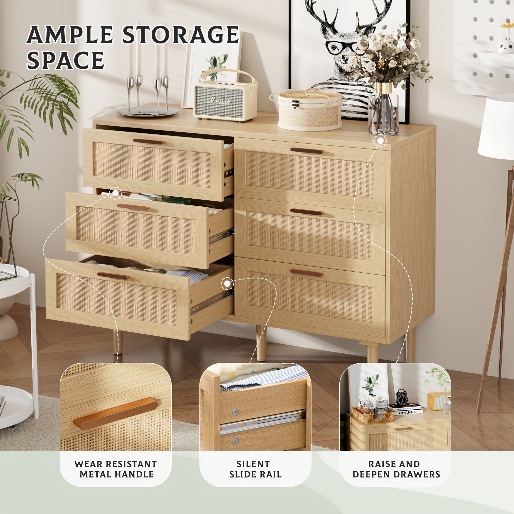6 Drawer Dresser Modern Wooden 6 Drawer Dresser Rattan Dresser with Golden Handles for Bedroom Rattan Storage Chest