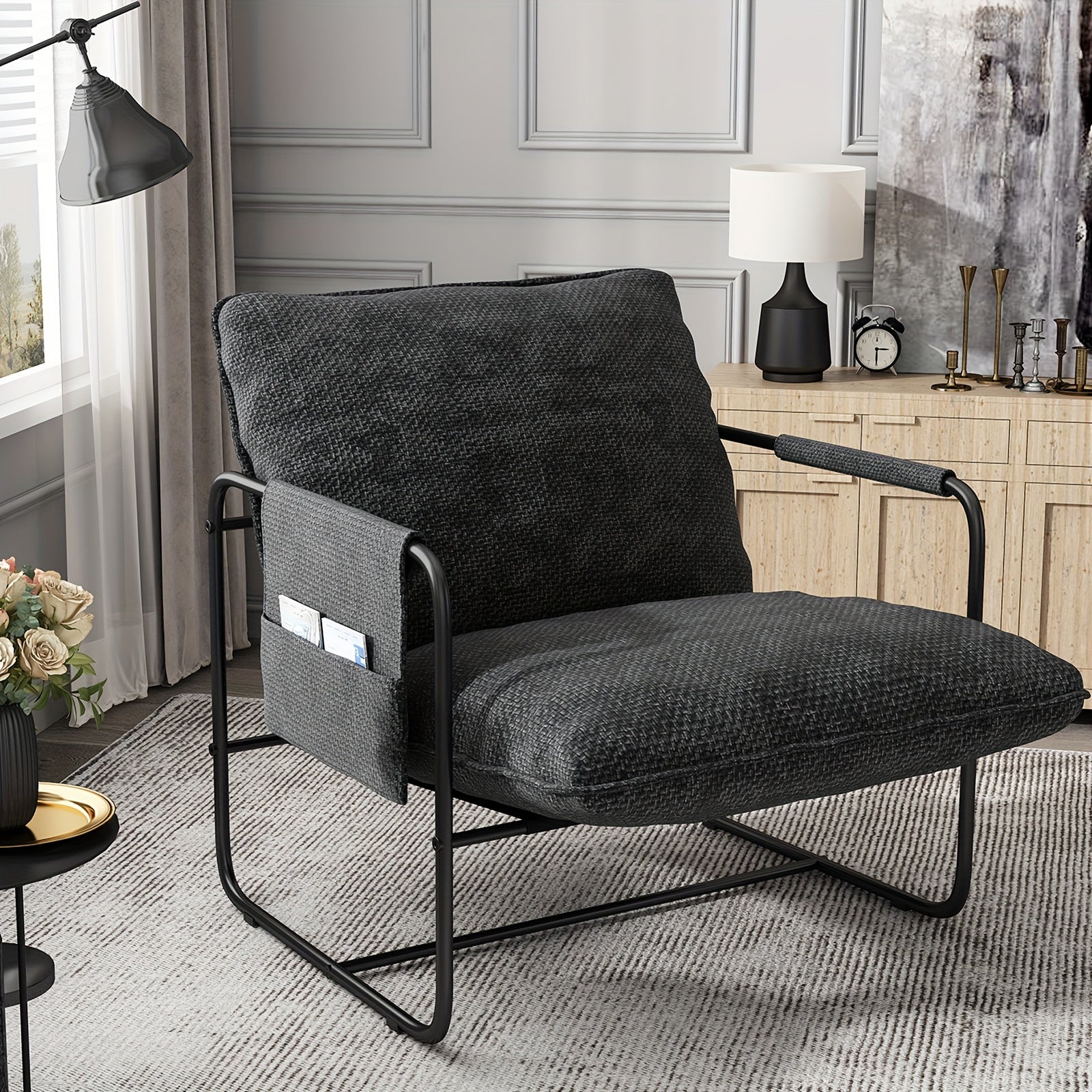 Modern Accent Velvet Fabric Sling Chair, Metal Frame Upholstered Armchair With Removable Storage Bag For Bedroom Reading Office, Easy To Assemble