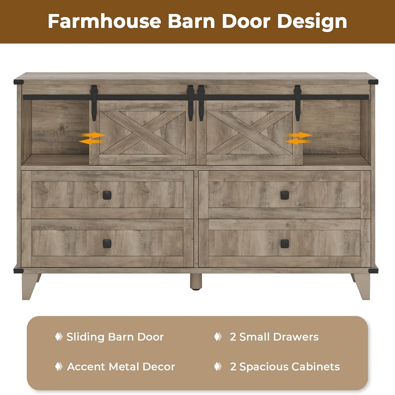 Charming Farmhouse 6-Drawer Dresser with Sliding Barn Doors - Versatile White Chest of Drawers with X-Shaped Metal Frame, Ideal for Bedroom or Living Room Storage, Easy Assembly