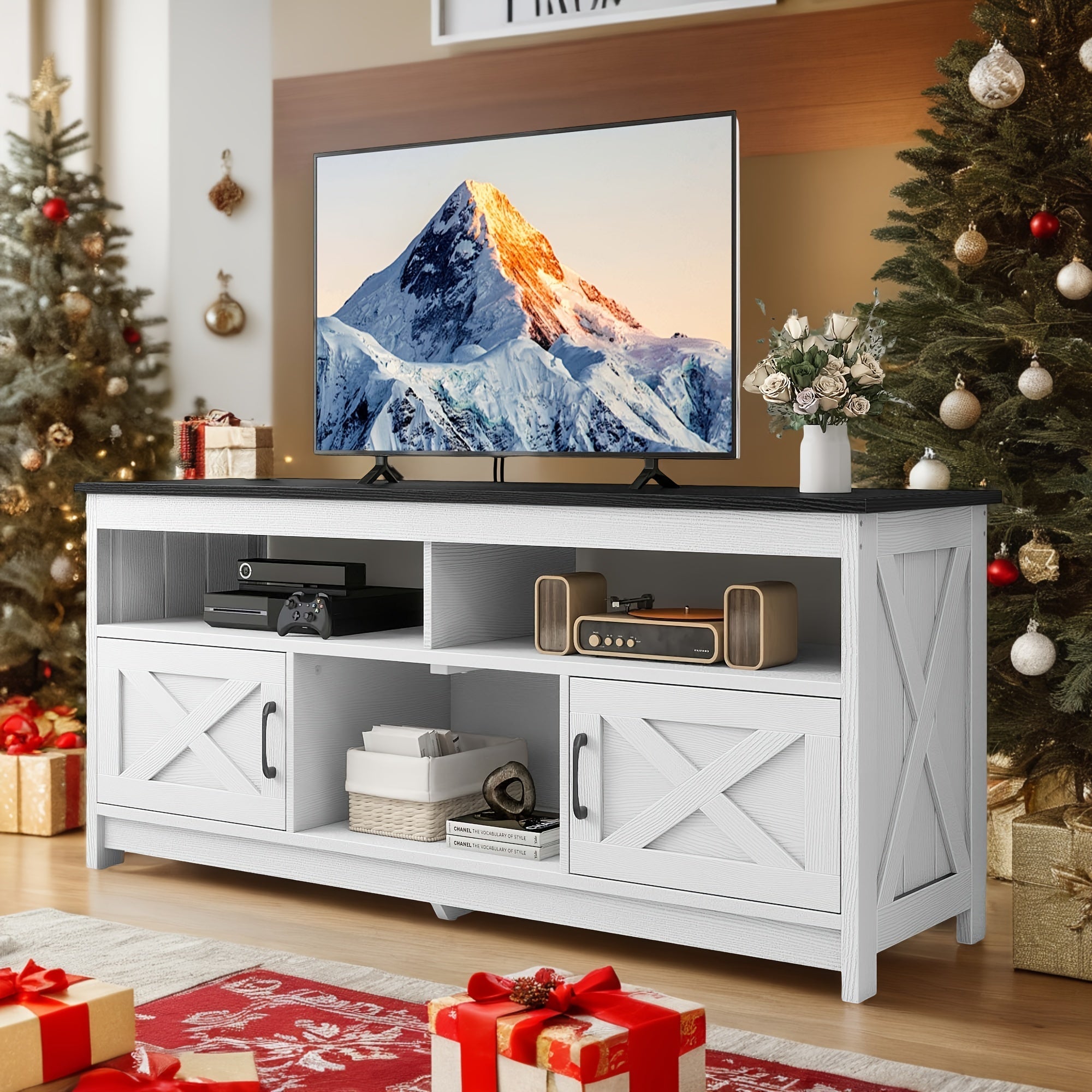 Farmhouse TV Console with Power Outlet, Media Cabinet with Shelves for Living Room, Black and White