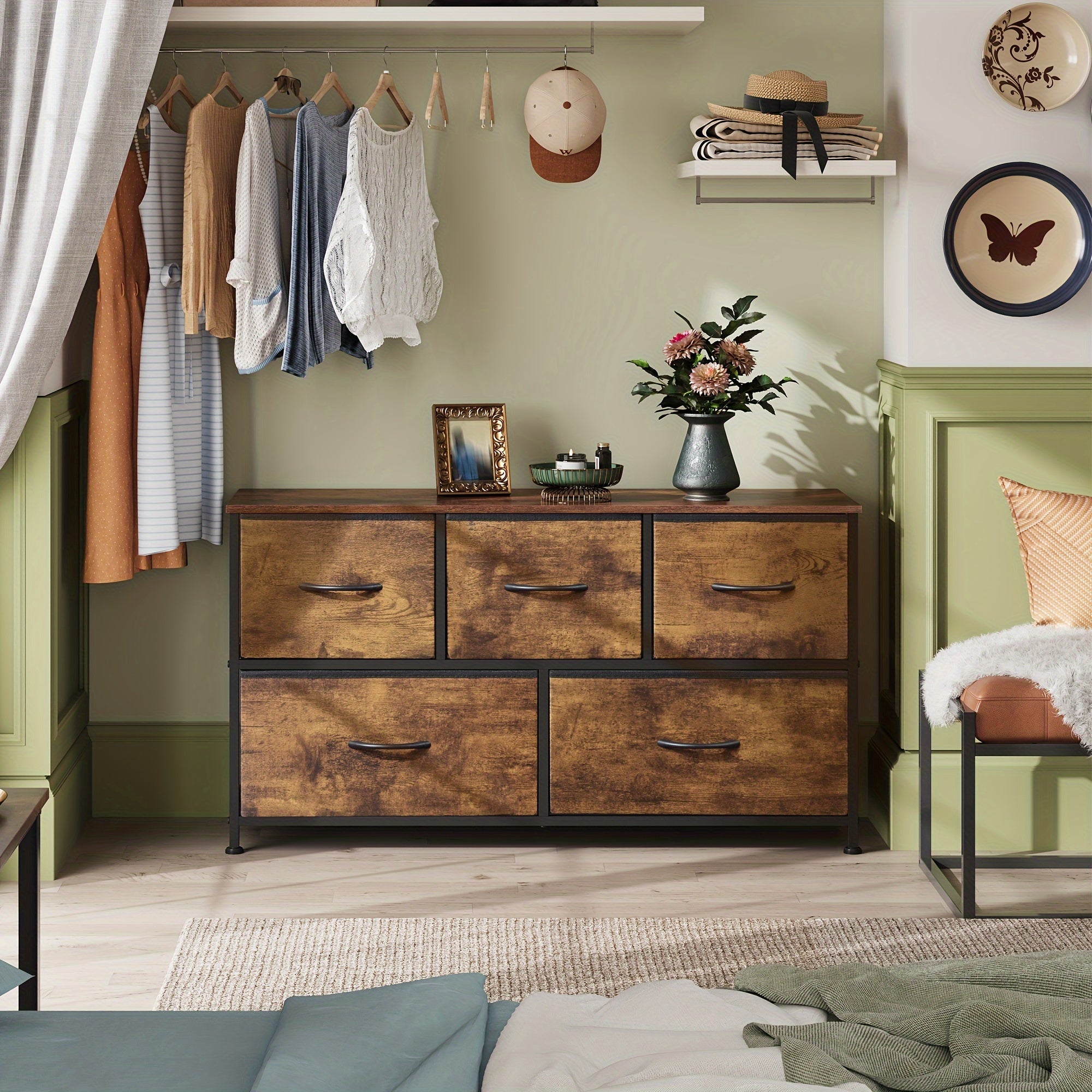 Dresser for Bedroom with 5 Drawers Wide Chest of Drawers Fabric Dresser Storage Organizer Unit with Fabric Bins