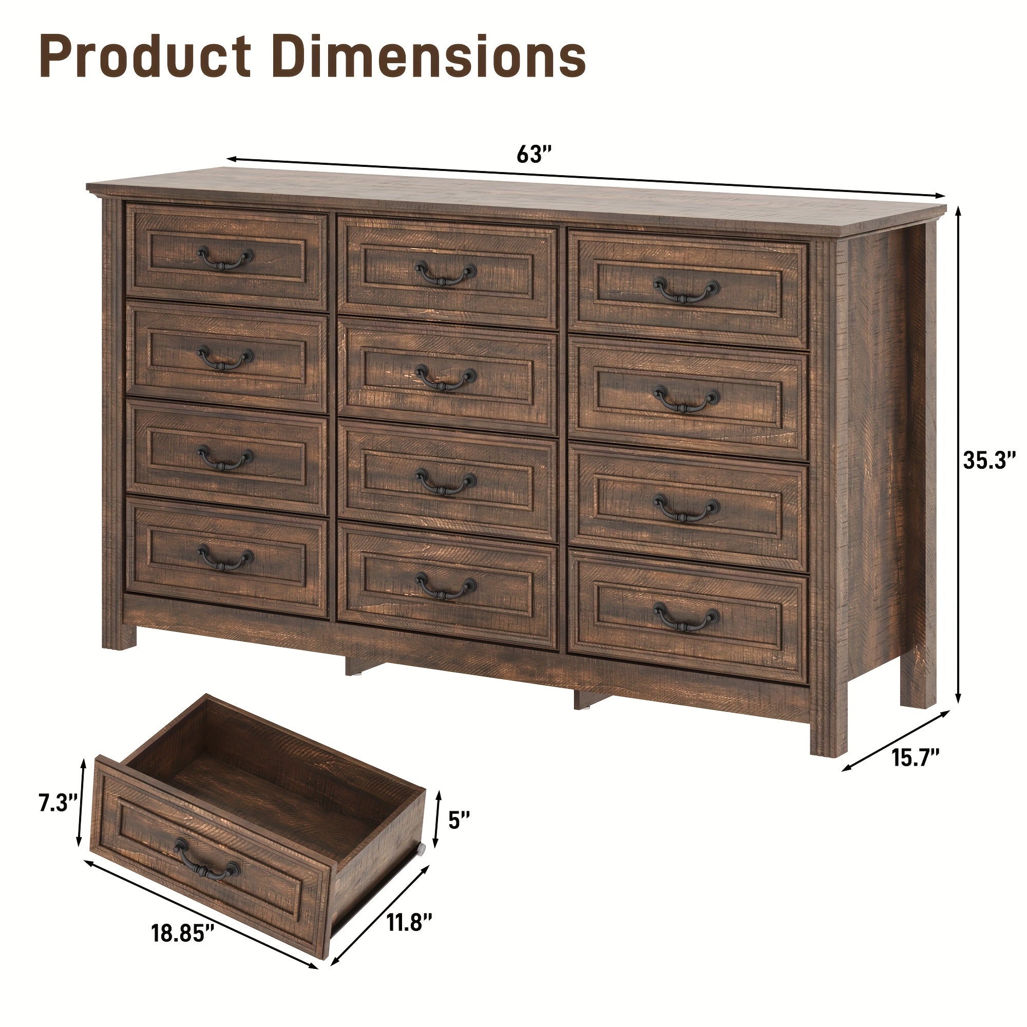 Spacious 160cm Wide Rustic Farmhouse Dresser with 12 Drawers - Vintage Wooden Chest of Storage Natural Textured Finish