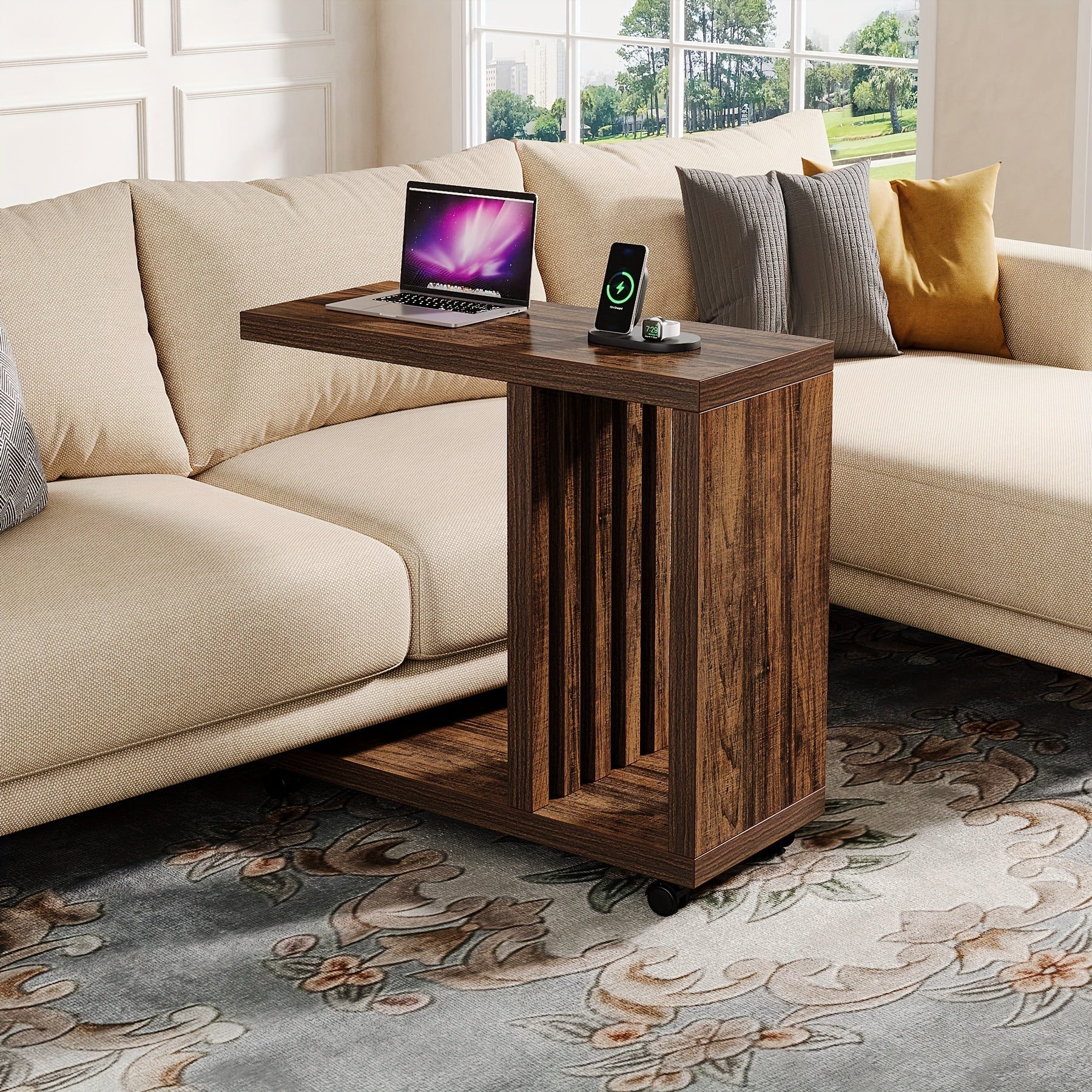 C-Shaped End Table 2-Tier Side Table For Couch And Bed Small Couch Table With Lockable Wheels Wood Bedside Table