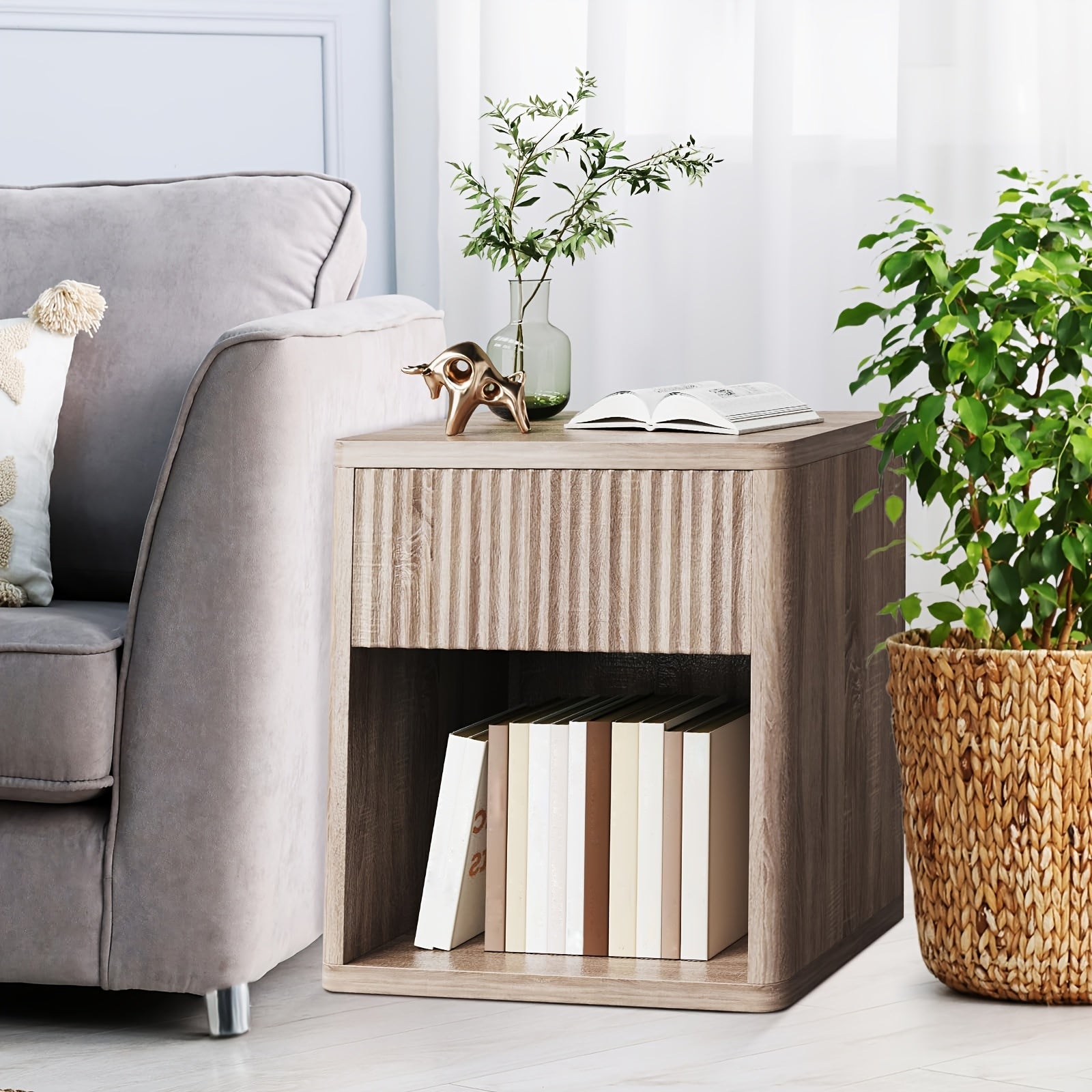 Modern Nightstands Set Of 2 Fluted End Table with Drawer Sofa Side Table for Small Spaces Wooden Bedside Table