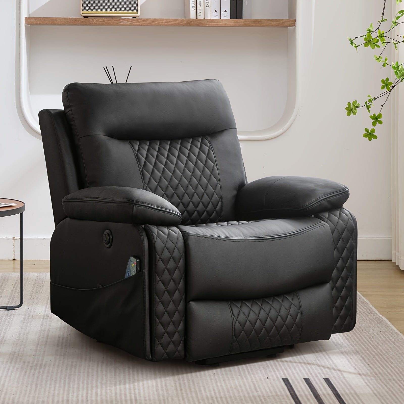 Modern Diamond Fabric Design Power Reclining Heated Massage Chair With USB And Dual Hidden Cup Holders, Large Comfortable Soft Functional Seat