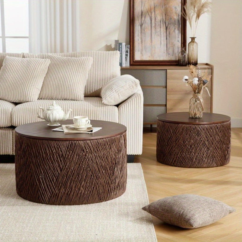 Large Round Coffee Table with Storage, Boho Hand-Woven Rattan Coffee Table Set of 2, Drum Circle End Table for Living Room, Bedroom, Small Space, No Assembly Required, Brown