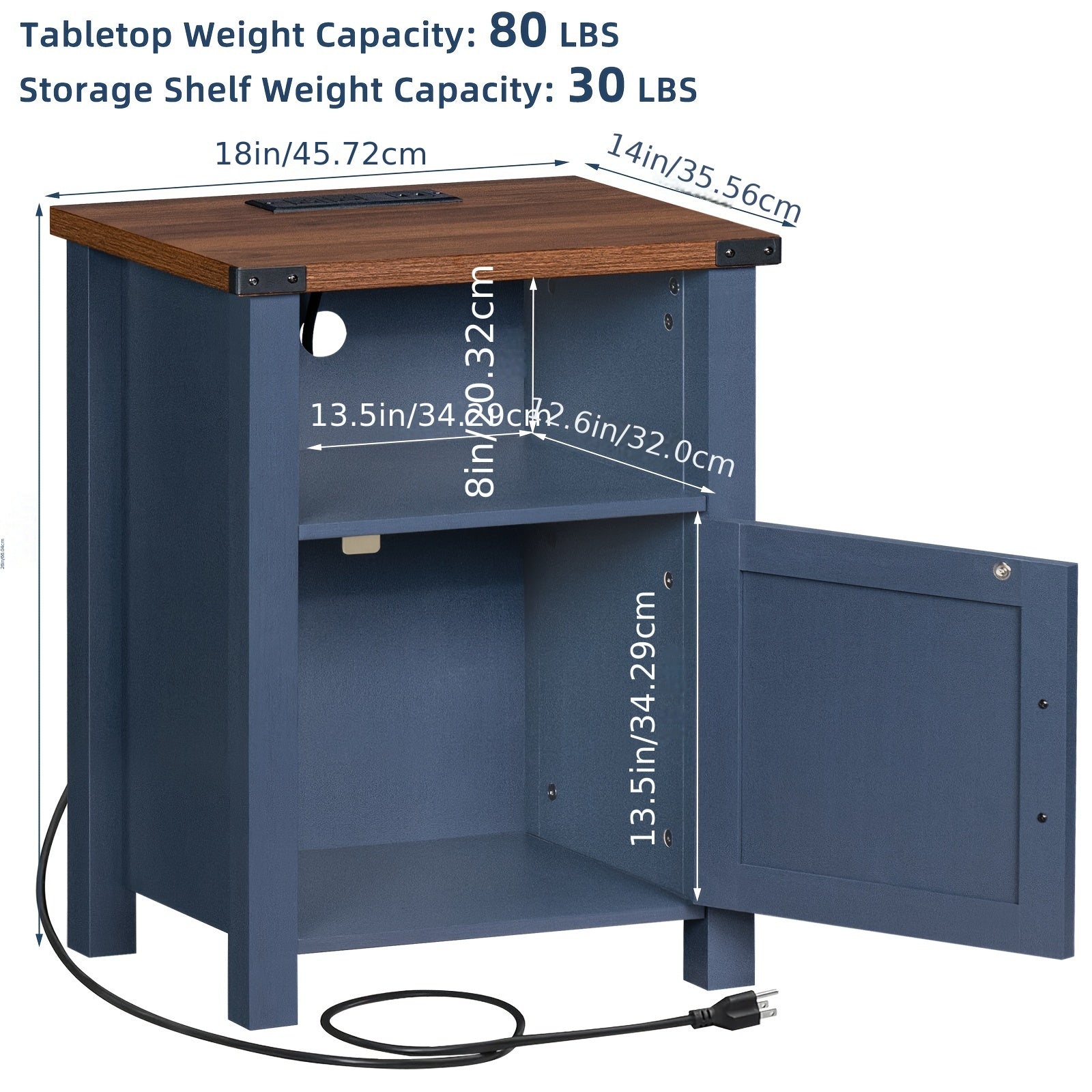 Charming Dark Blue 18" Farmhouse Nightstand with Charging Station & USB Port, Rustic Hardwood End Table with Magnetic Doors & Storage Shelf - Ideal for Bedroom Comfort, Bedroom Decor