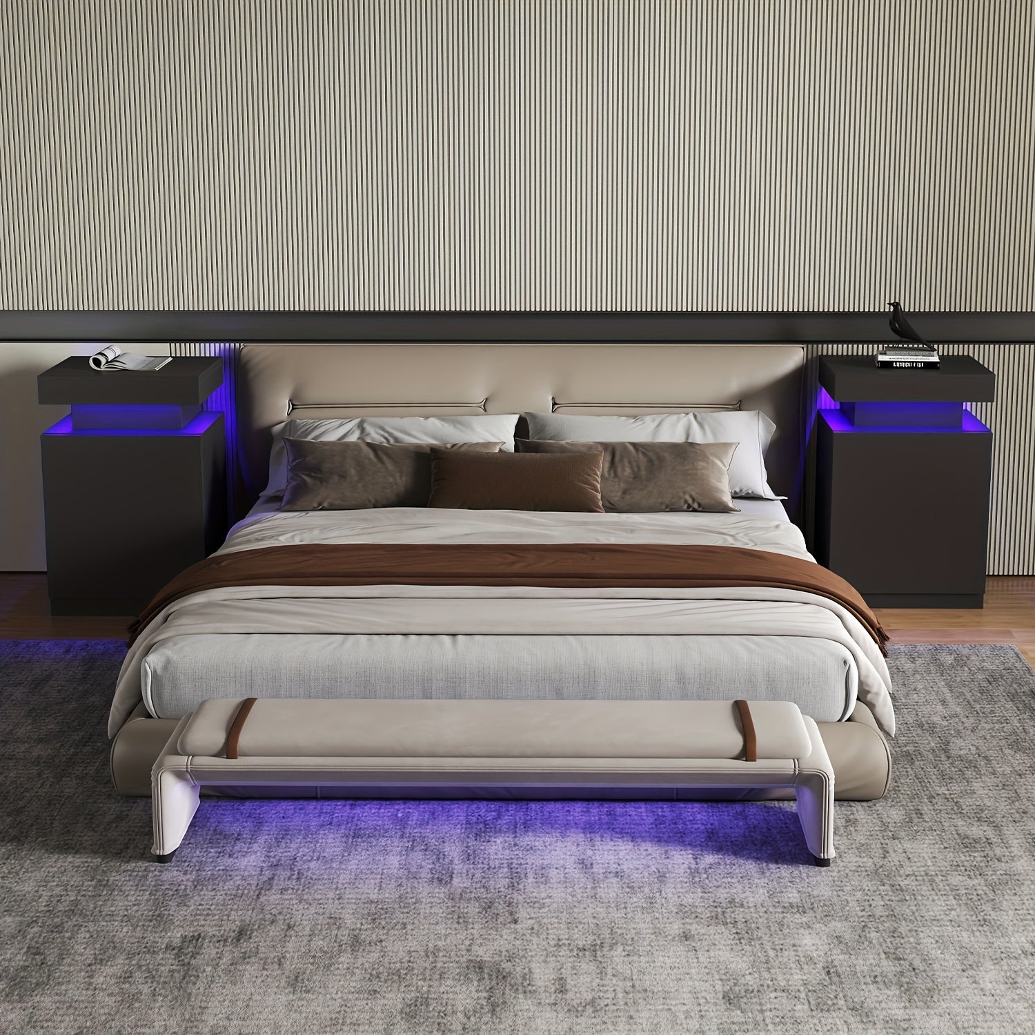 Modern Nightstand with LED Lights, Charging Station, And Sliding Top Storage, Bedside Table with Drawer for Bedroom, A Black