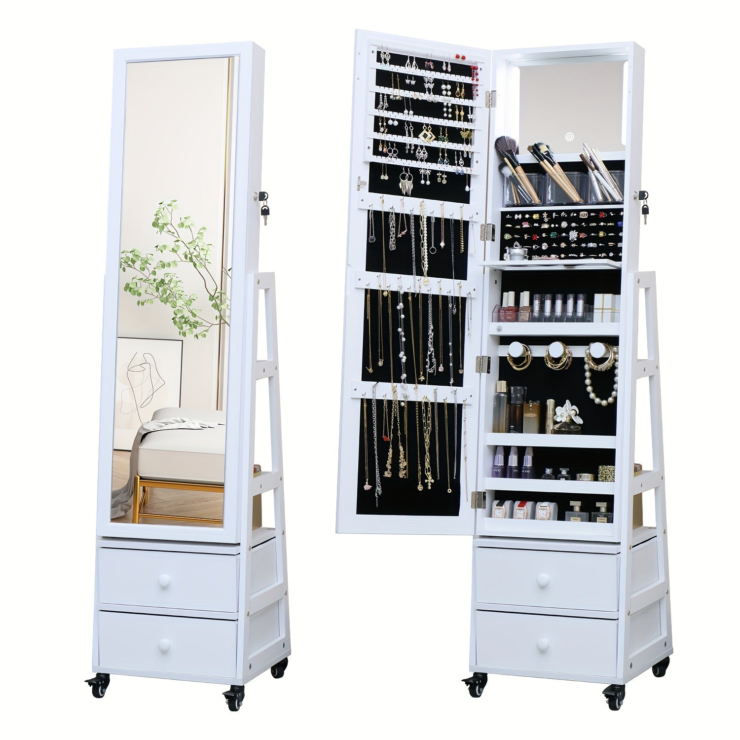 Rotating Jewelry Armoire With LED, Full Length Mirror Large Capacity Jewelry Organizer Armoire, Lockable Floor Standing Mirror With Back Storage Shelves With Wheels Baskets, Bins & Containers