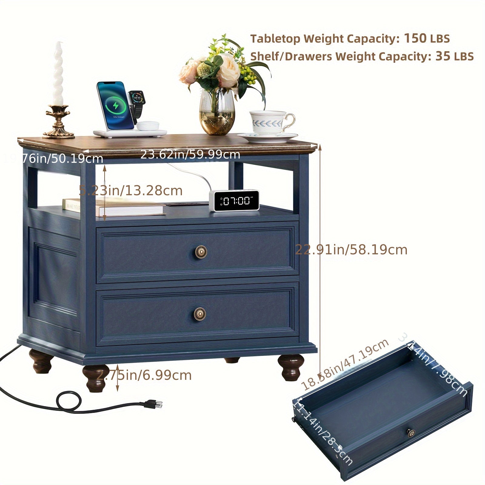 Farmhouse Nightstand With Charging Station, 23.6" Wide End Table With 2 Drawers, Blue Dresser For Bedroom, Bed Side Table Chest Of Drawers Cabinet, Wood Night Stand For Living Room, Closet