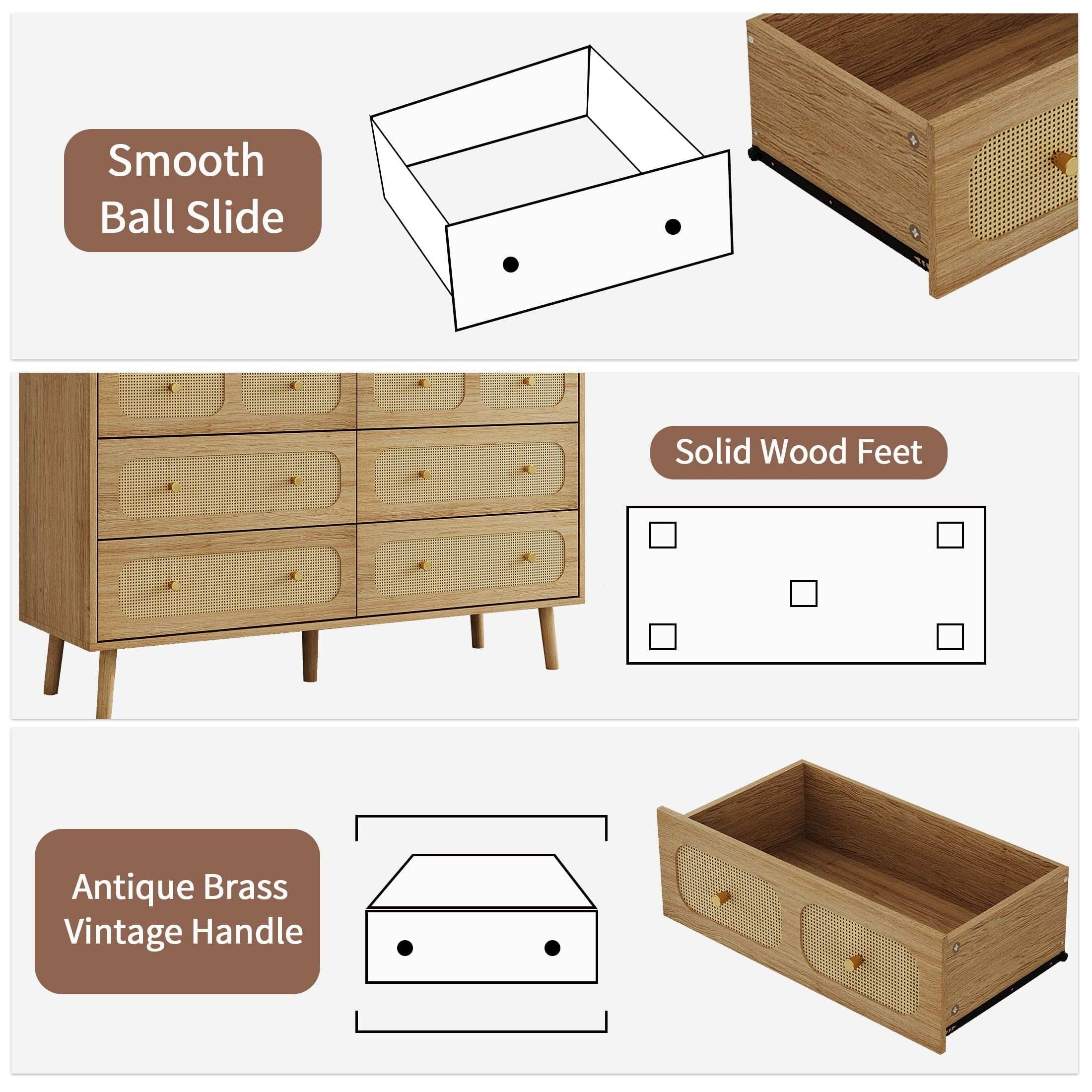 Rattan Dresser For Bedroom 6 Drawer Double Dresser With Golden Handles Boho Chest Of Drawers With Deep Drawers