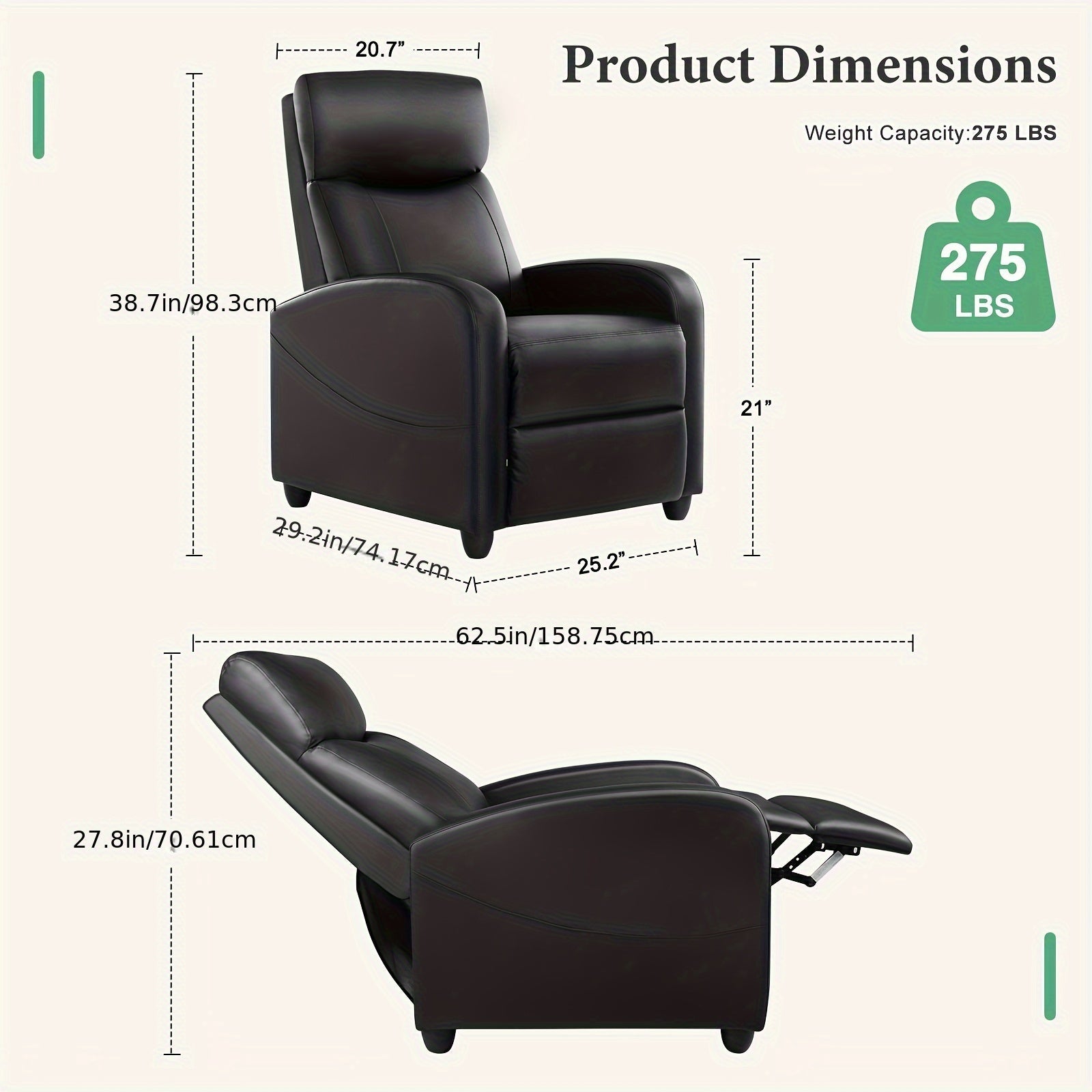 Single PU Leather Massage Chair, Single Sofa Recliner For Adults, Ideal For Living Room And Bedroom, Equipped With Lumbar Support, Adjustable Backrest And Footrest