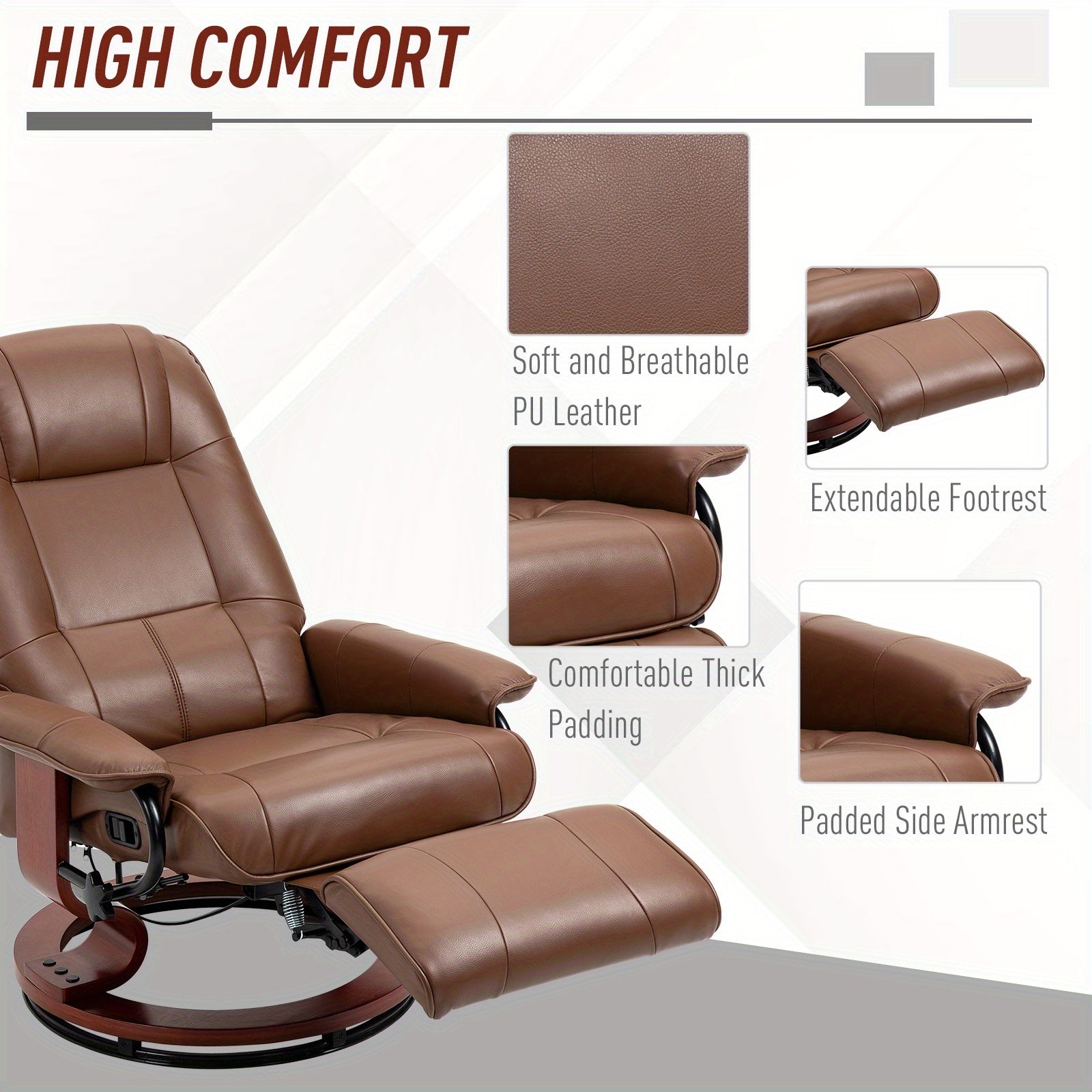 Brown Faux Leather Recliner - Adjustable Swivel Lounge Chair with Footrest, Armrests & Solid Wood Base for Living Room