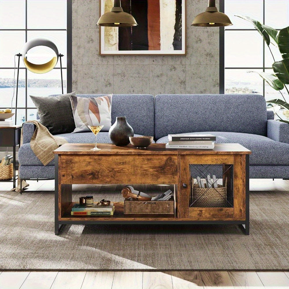 1pc Lift Top Coffee Table with Storage Cabinet, Wood Coffee Table for Living Room, Retro Center Table with Lifting Top, Hidden Compartment And Open Shelf for Home, Office