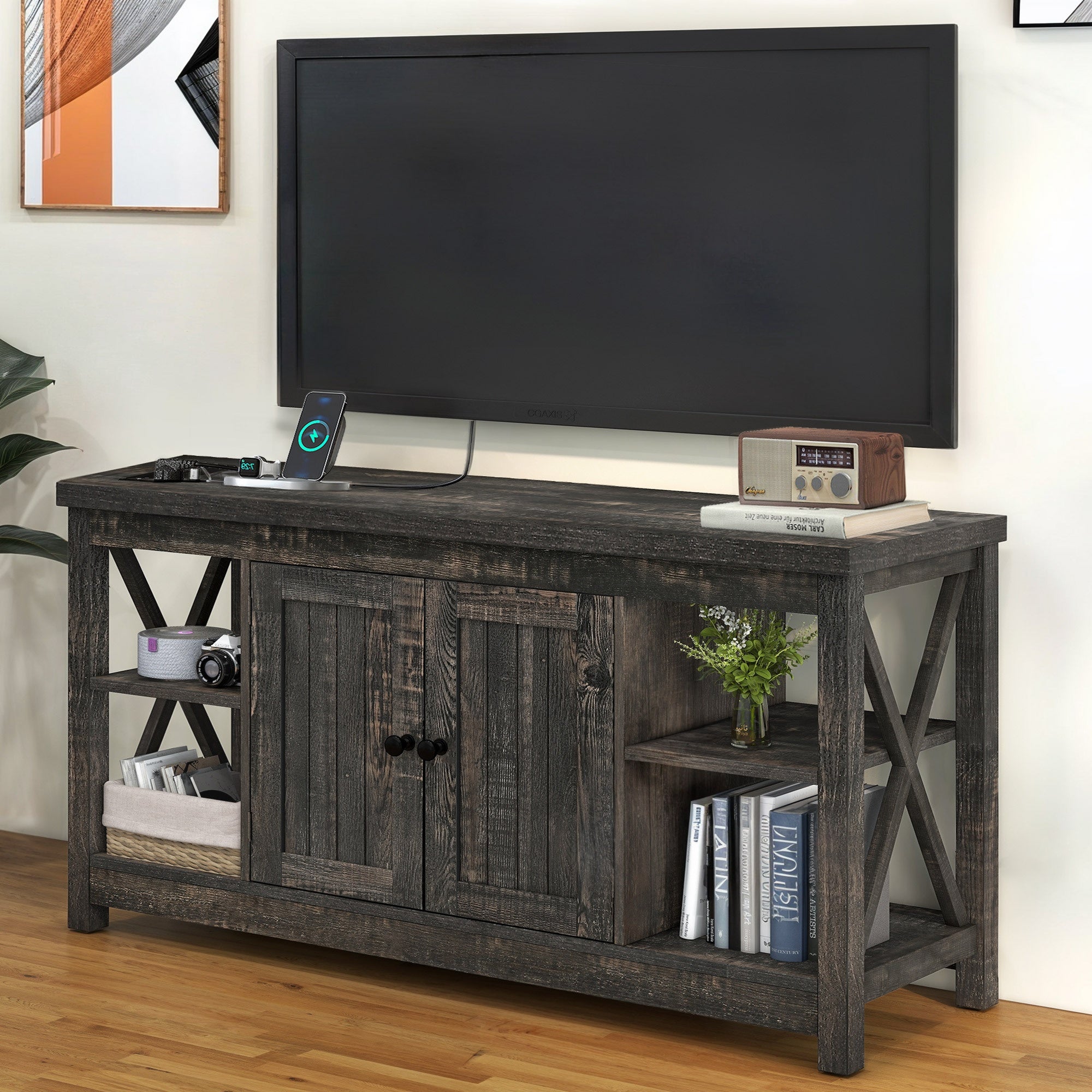 Rustic Oak TV Stand with Power Outlet, Farmhouse Entertainment Center, Storage Console for Living Room Thanksgiving Christmas Halloween Day Gift