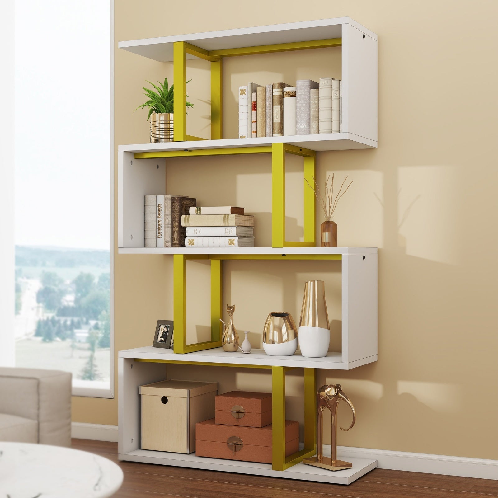 5 Tier S- Shaped Bookcase Bookshelf Freestanding Display Shelf For Home Office - white + gold - Bookshelf Westberry