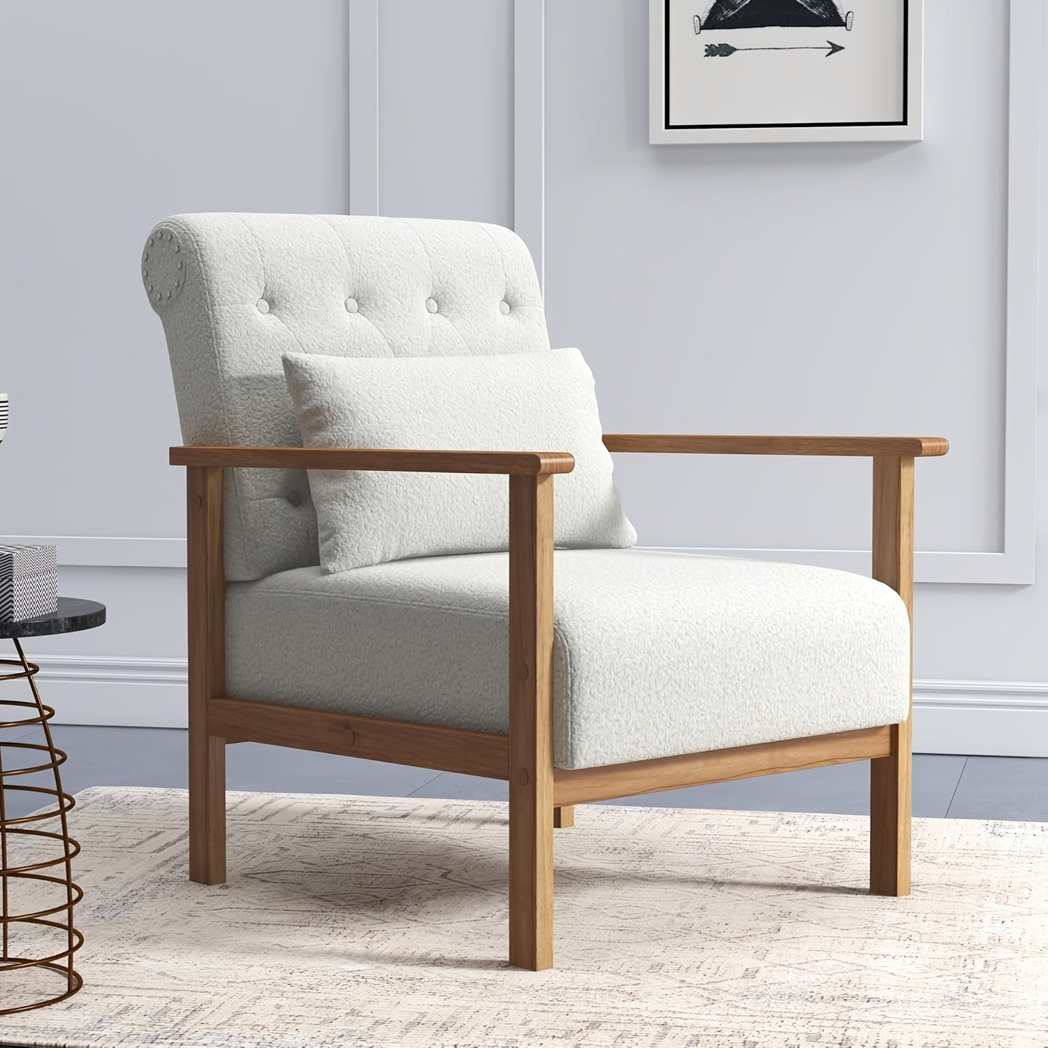 Comfy Accent Chair - Mid-Century Modern Design with Solid Wood Frame & Soft, Removable White Lambswool Cushion - Ideal for Living Room, Bedroom, Office - Cozy Reading Lounge Chair with Textured Upholstery, Chair f