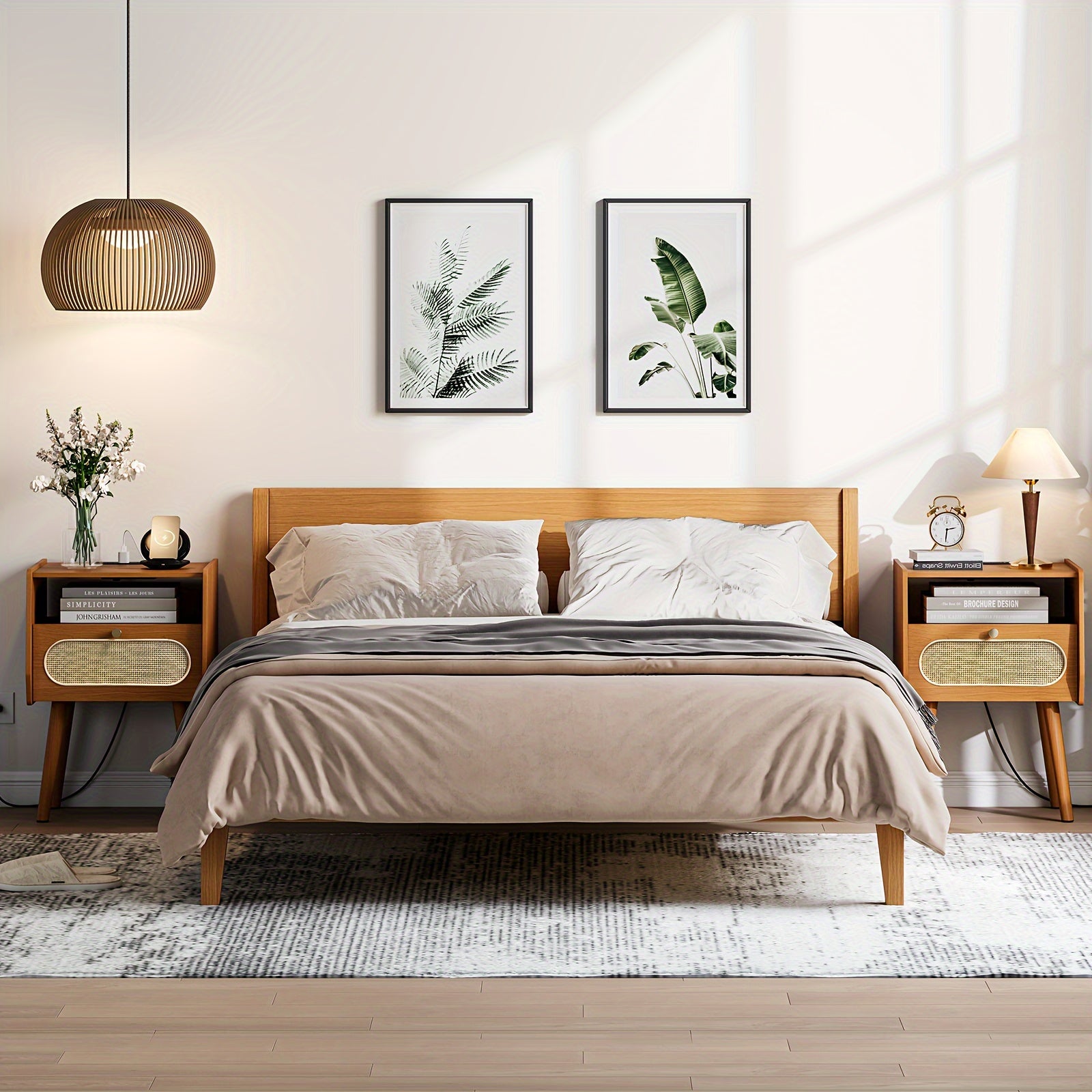 Nightstands Set Of 2 Mid Century Modern Nightstand With Charging Station Rattan Side Table With Drawer End Table