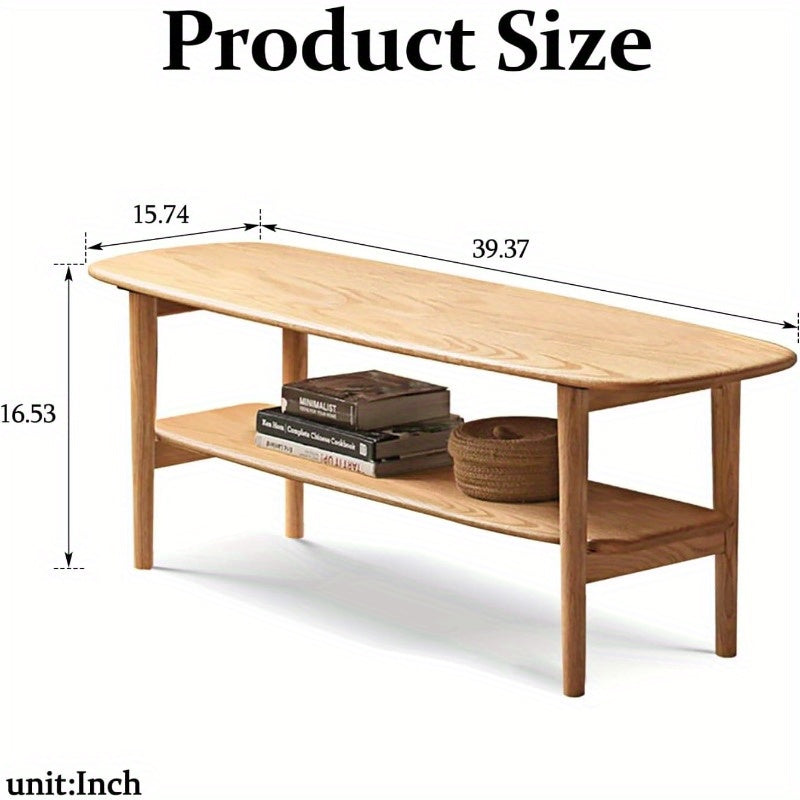 100% Solid Oak Wood Coffee Table - Narrow Coffee Table with Open Shelf - 2-Tiers Coffee Table for Small Space, Living Room (Oak, 39.37")