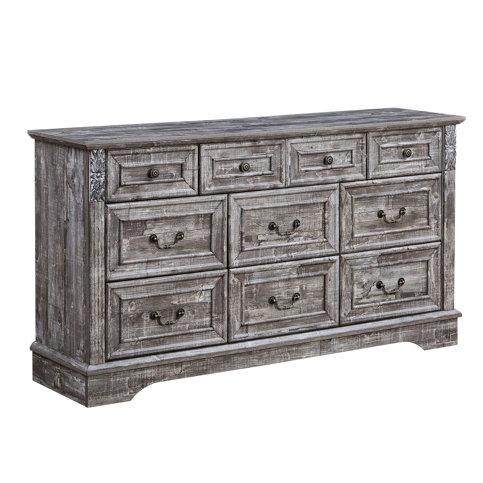 Rustic Farmhouse 10 Drawer Dresser With Carved Wood Pilasters - Light Gray Vintage Storage Organizer For Bedroom, Hallway, And Living Room