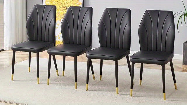 Modern Dining Chairs Set of 4, Armless Dining Room Chairs, Stylish PU Patterned Backrest and Black Metal Legs for Dining Room/Kitchen, furniture for home clearance, office chair, clearance Dealership today deals prime, kitche