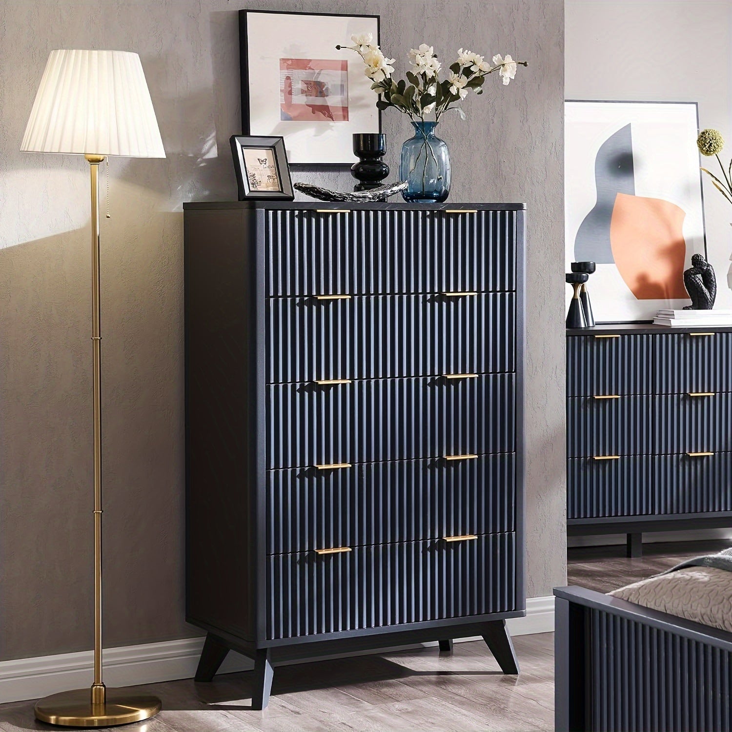 Fluted 5 Drawers Dresser 122cm Tall Modern Chest Of Drawers With Faux Marble Top Curved Profile Design Wood Drawer