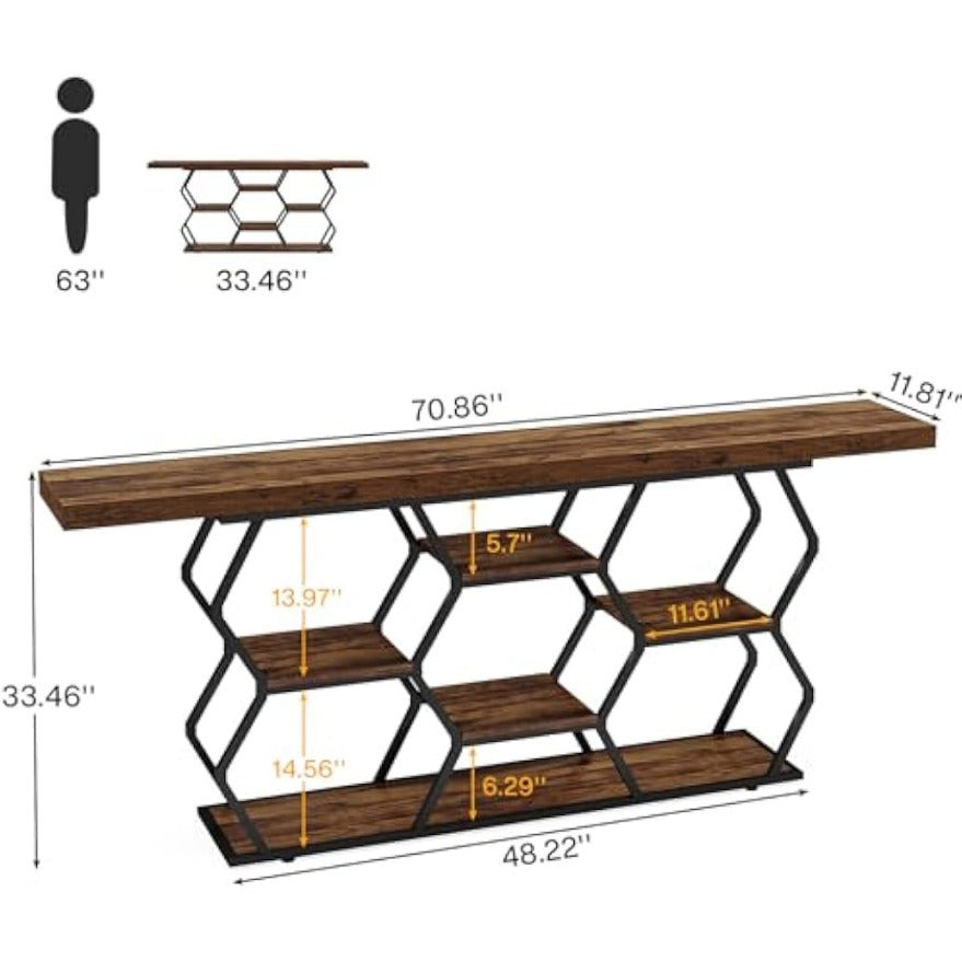 5-Tier Extra Long Console Table with Shelves, Narrow Sofa Table Behind Couch with Storage, Industrial Entryway Table TV Stand Accent Table for Living Room Hallway Foyer, Rustic Brown & Black