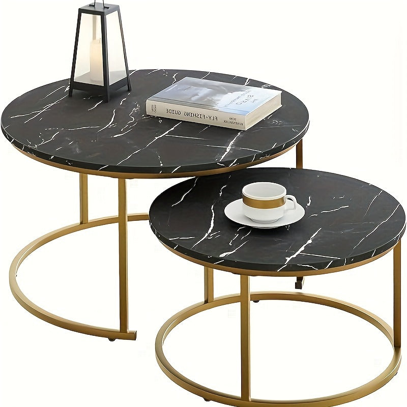 2-piece Set, Nested Coffee Table, Large White, Black, Brown Artificial Marble Edge Table, Steel Frame Circular And Circular Wooden Table, Living Room, Bedroom, Apartment, Modern Small Space