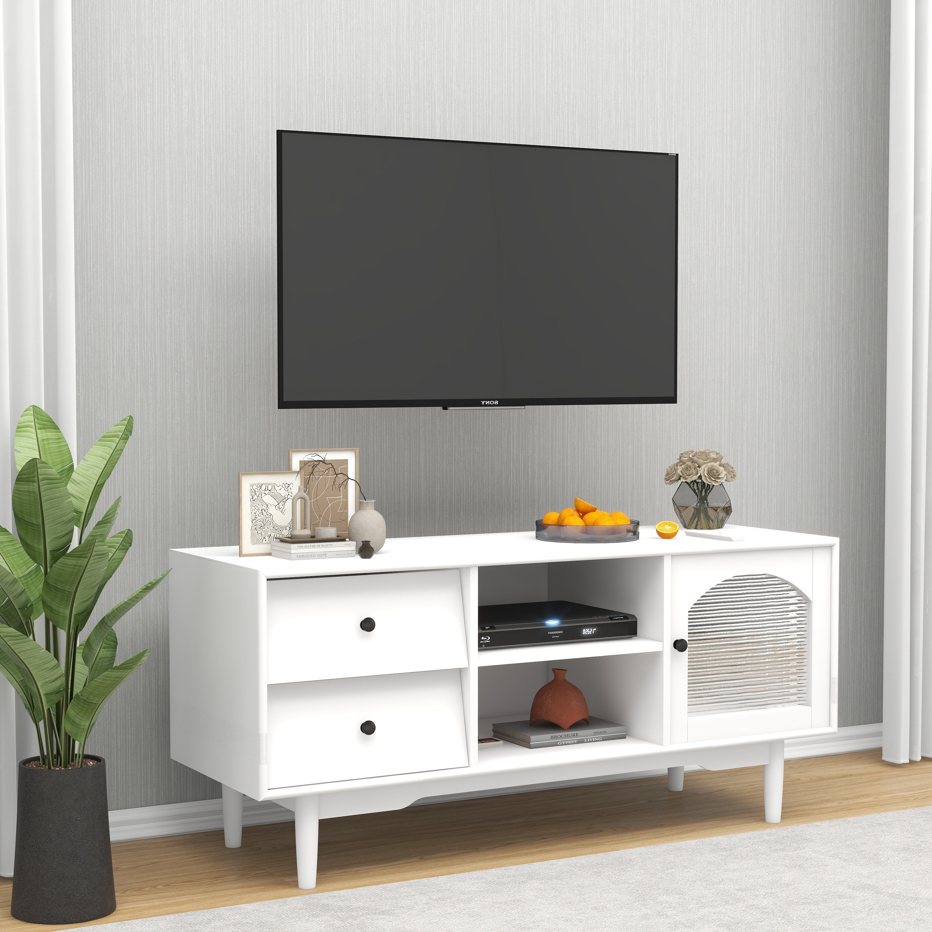 Entertainment Center With Glass Door Cabinet, White TV Stand For 45/50/55 Inch TV With Drawers And Open Shelves, Wood TV Stands For Living Room