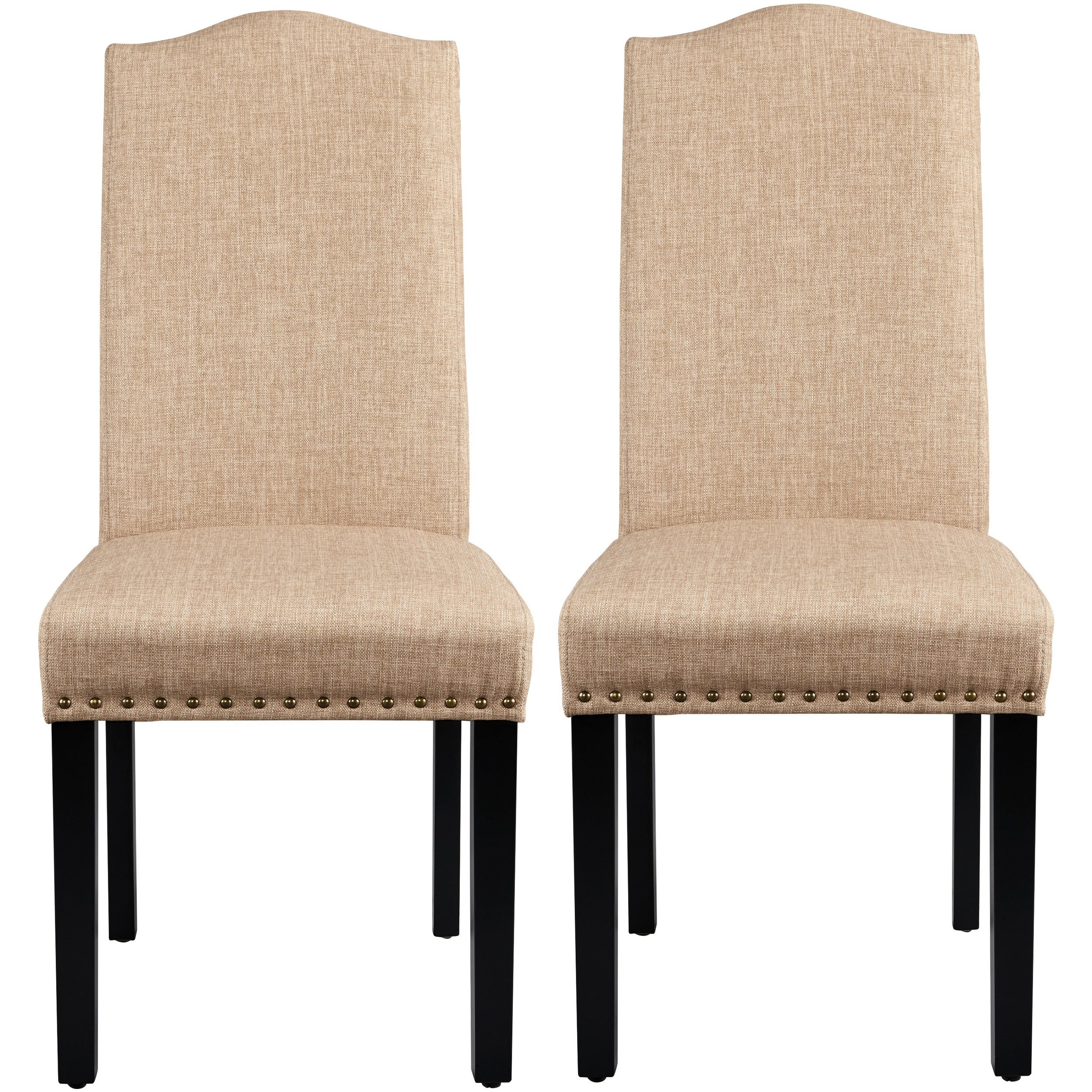 2pcs Classic Dining Chairs Fabric Upholstered Kitchen Chairs Tall Back Dining Room Side Chairs with Nailhead Trim Solid Wood Legs, Dark Gray/Khaki