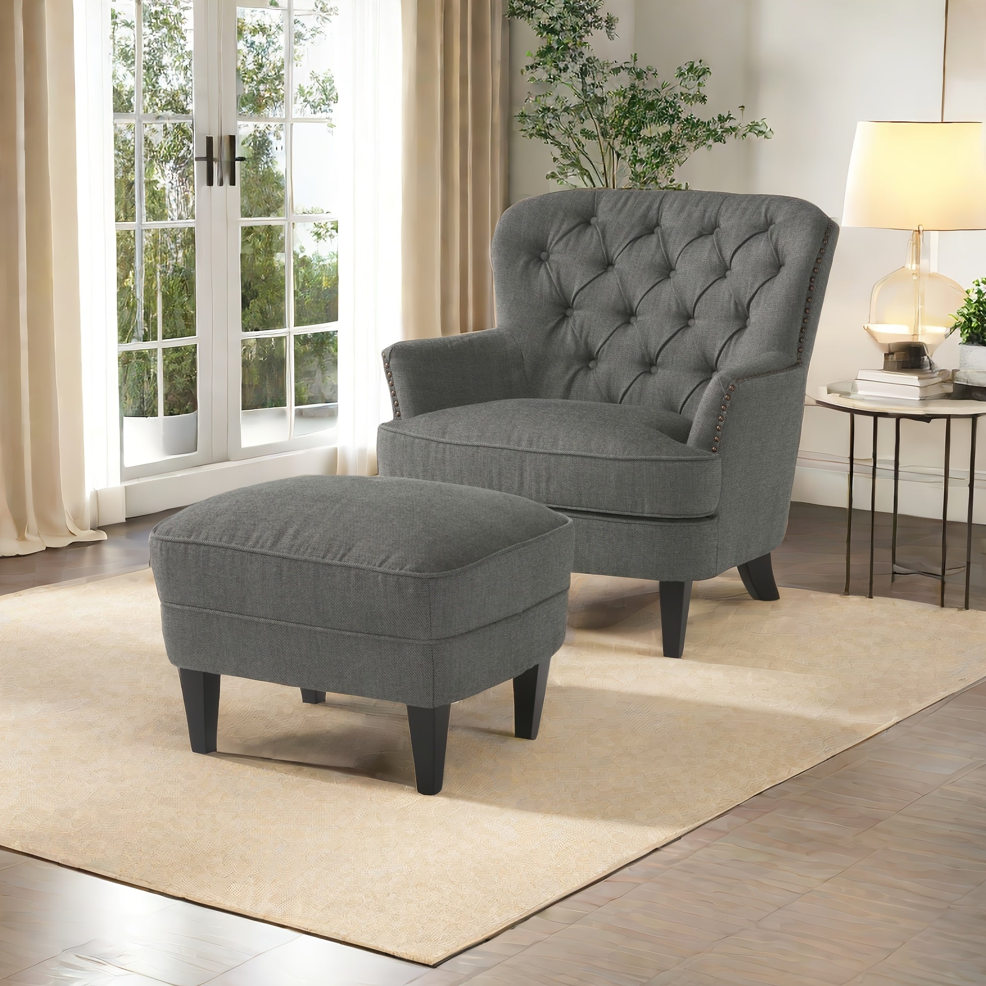 Contemporary Grey Fabric Club Chair and Ottoman Set, Stylish Upholstered Armchair with Matching Ottoman, Ideal for Modern Living Room Comfort and Style