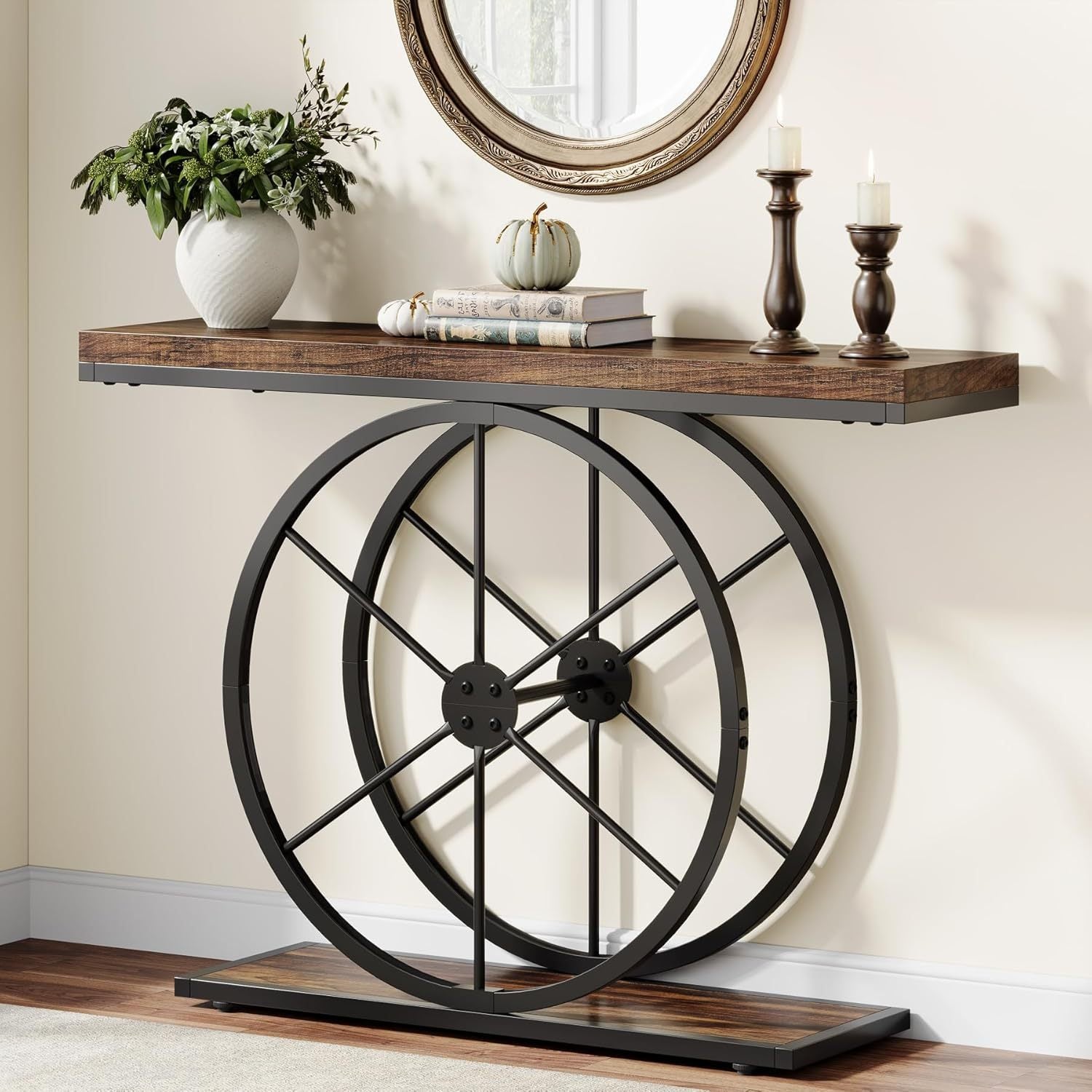 Rustic Brown Industrial Console Table - 39.4’’ Entryway & Living Room Narrow Sofa Table with Sturdy Wheel-Shaped Frame