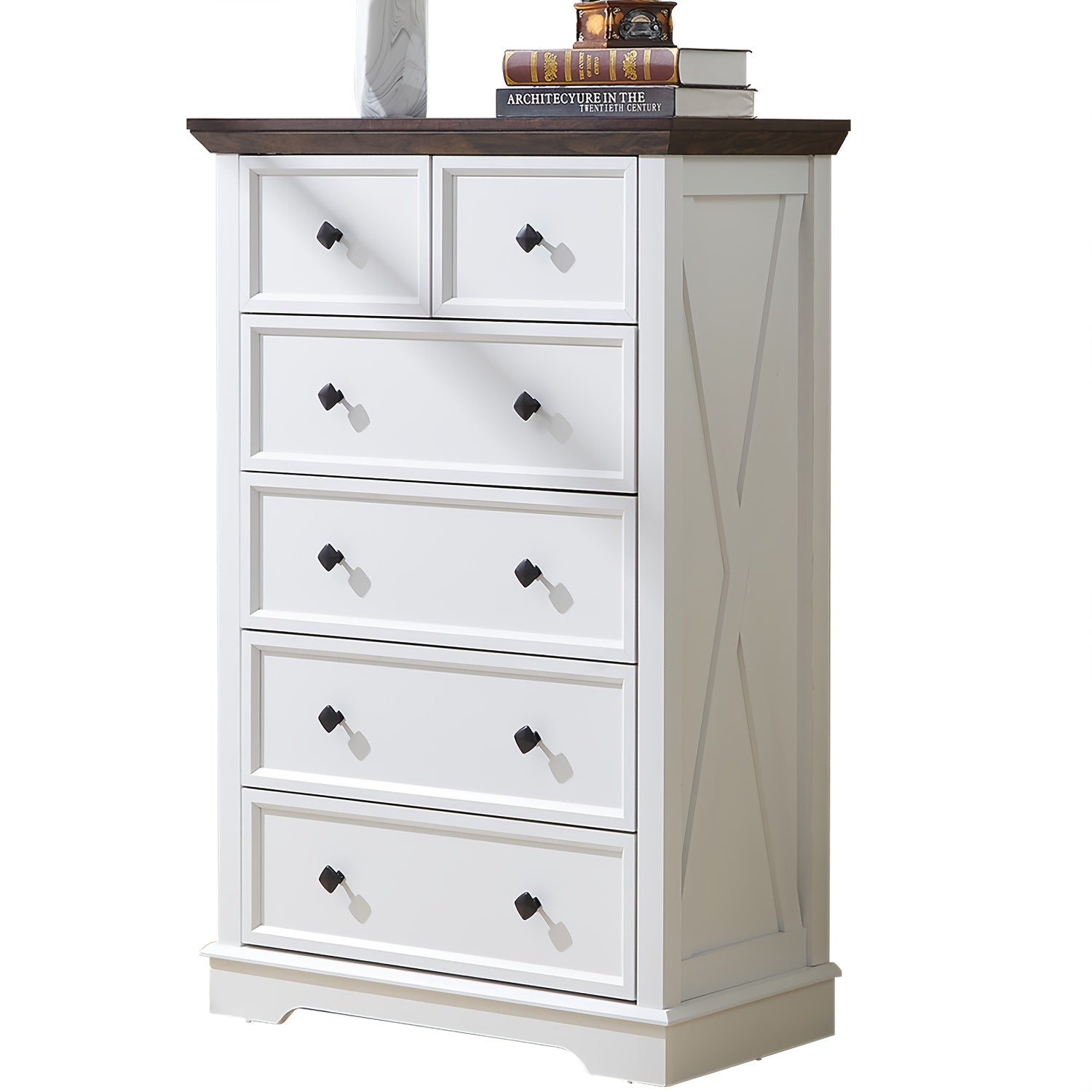 1pc Farmhouse Style 6-Drawer Dresser, 48" Tall Hardwood & Artificial Board Chest, White Storage Cabinet for Bedroom, Living Room, Entryway - Independent, No Electricity Needed