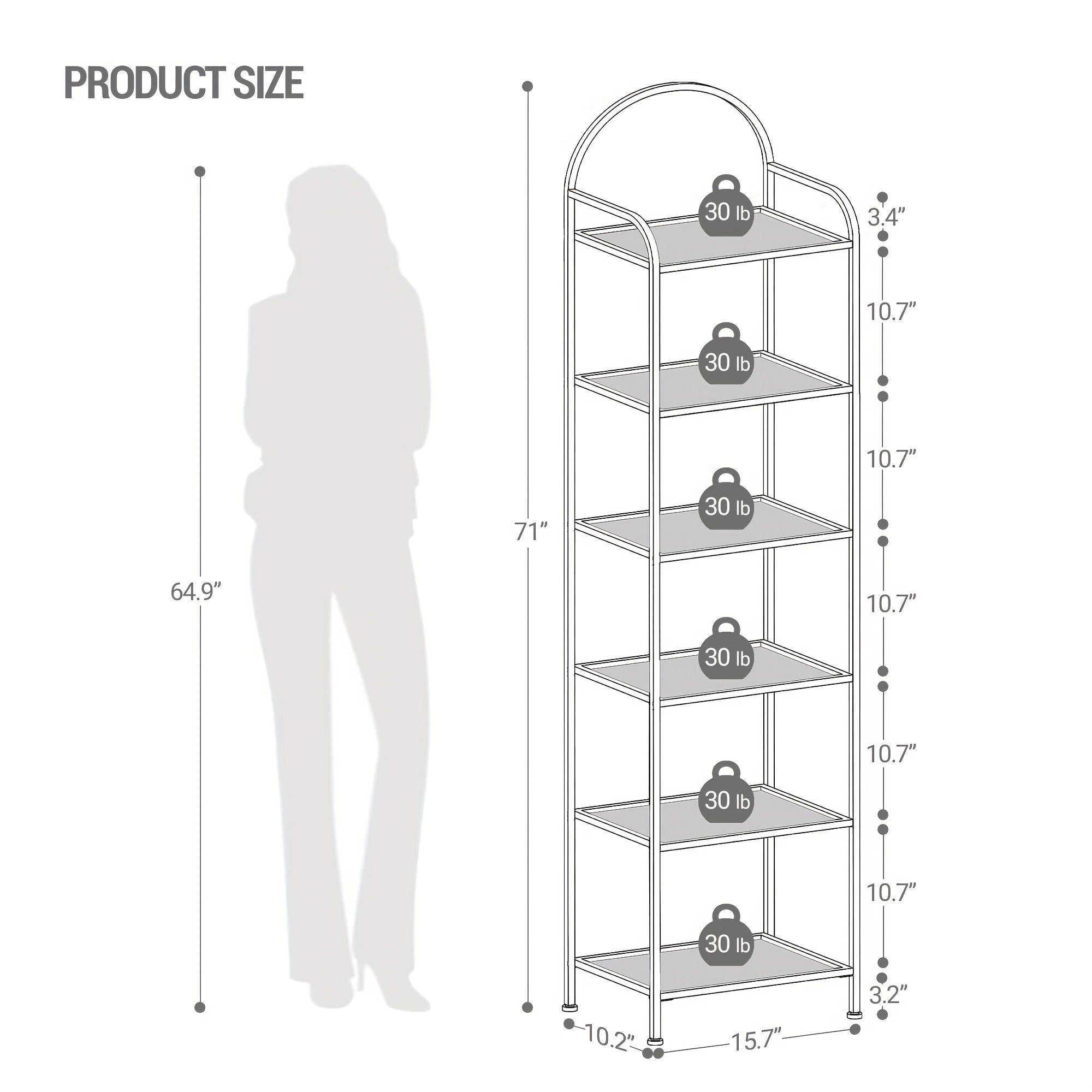 Golden 6-Tier Bookshelf with Tempered Glass Shelves - Slim Sturdy Metal Frame for Bedroom Bathroom Home Office