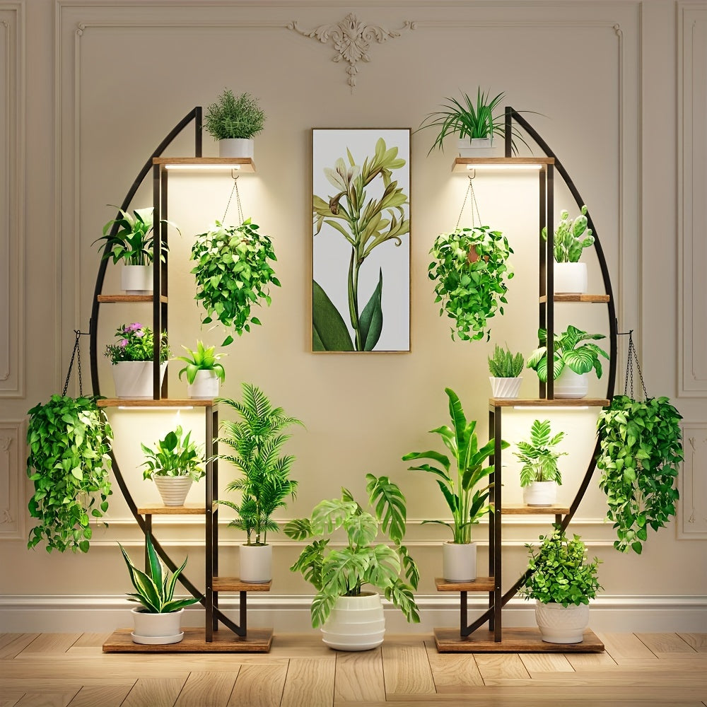 2pcs 63" Half-Moon Indoor Plant Stands with Full-Spectrum Grow Lights - Multi-Tier Metal Display Shelves for Plants, Decor & More - Brown & Black