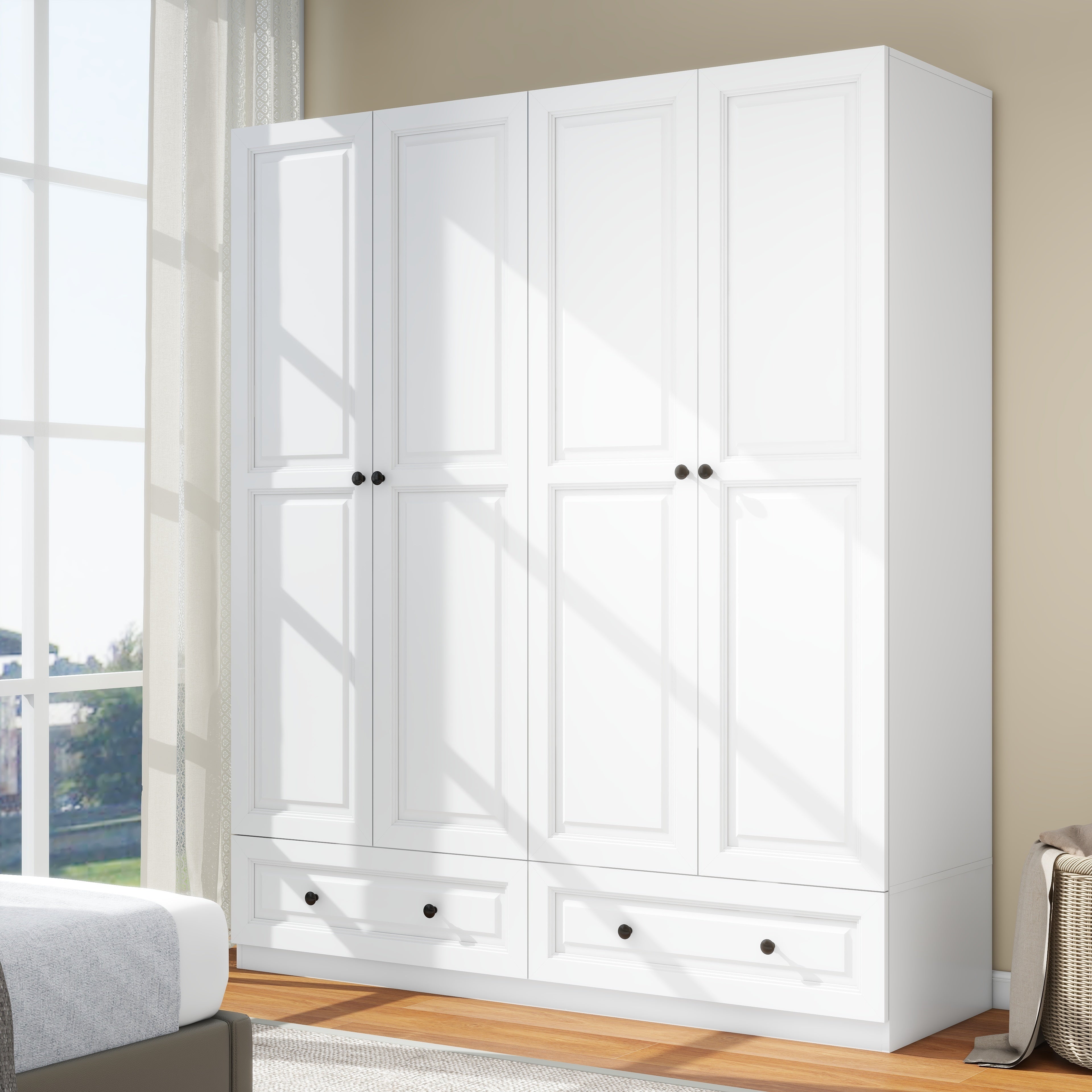 White Armoire Wardrobe Closet With 4 Drawers, 74" Bedroom Wardrobe Closet For Hanging Clothes, Wood Cabinet For Clothes With 4 Doors, Armoire With Shelves