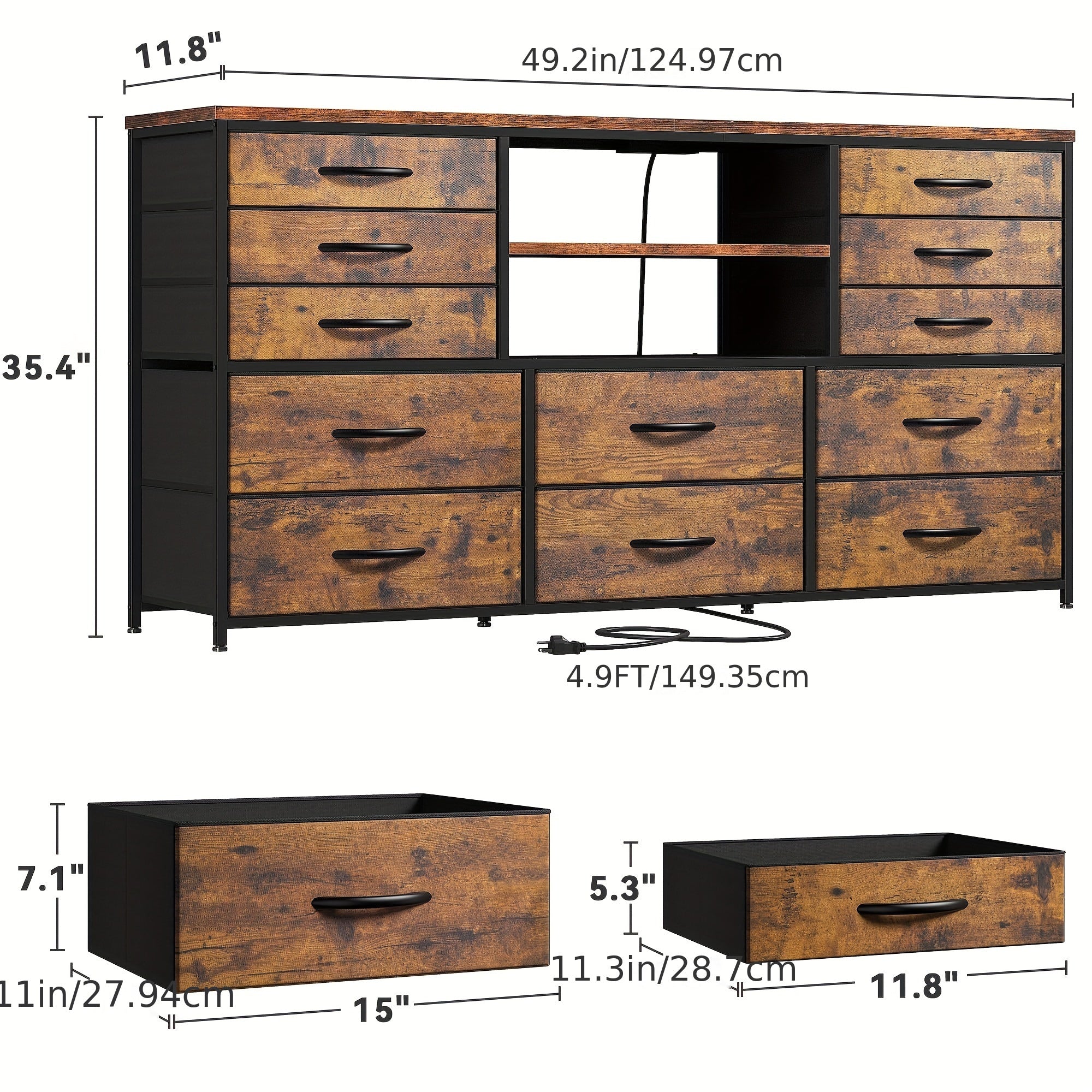 TV Stand Dresser for Bedroom with Power Outlet & LED Lights for 65" TV Stand for Living Room Entertainment Center with 12 Fabric Drawers TV Console Table For Lab, Entryway, Rustic Brown