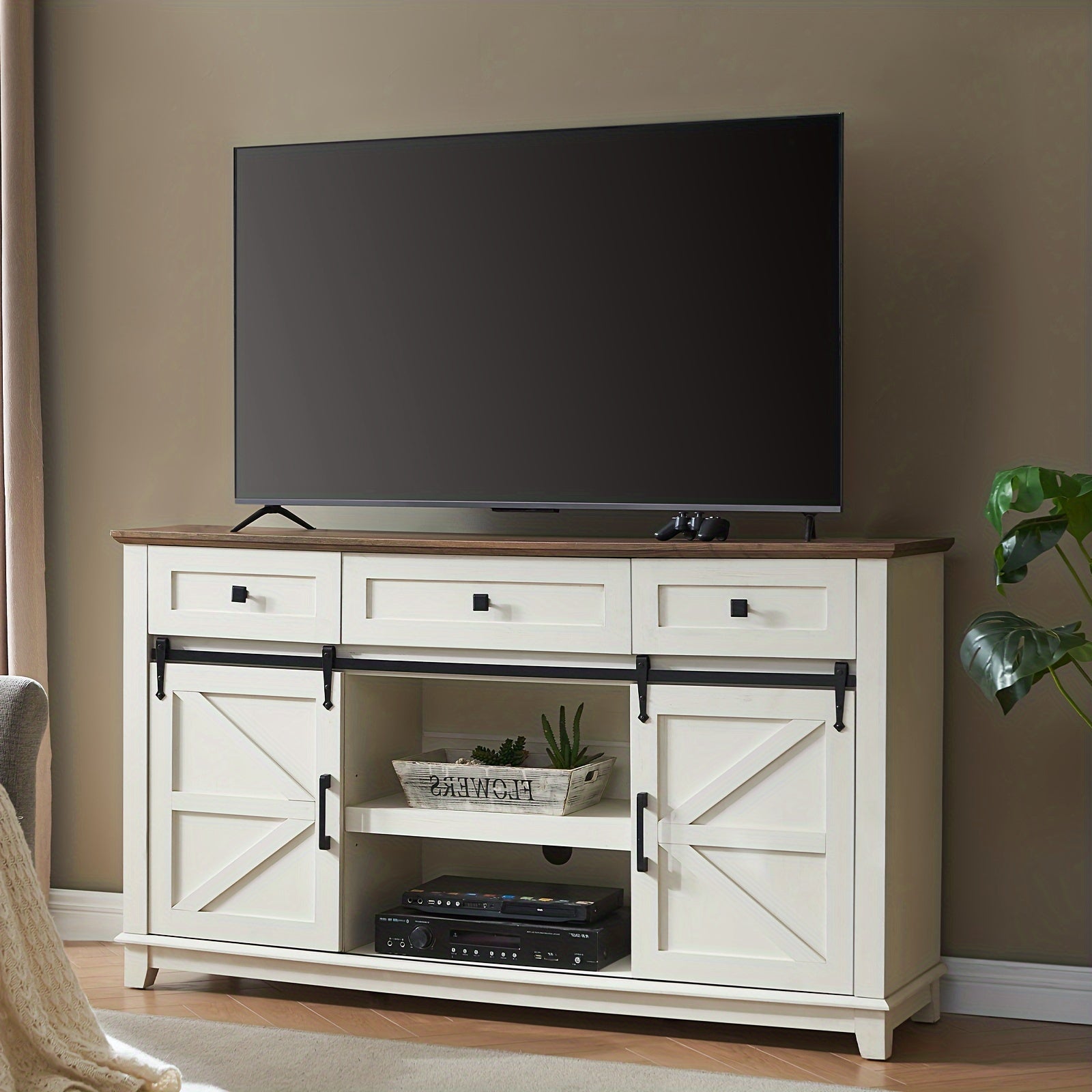 Farmhouse TV Stand for Televisions up to 165cm Entertainment Center with Sliding Barn Doors and Storage Drawers Living