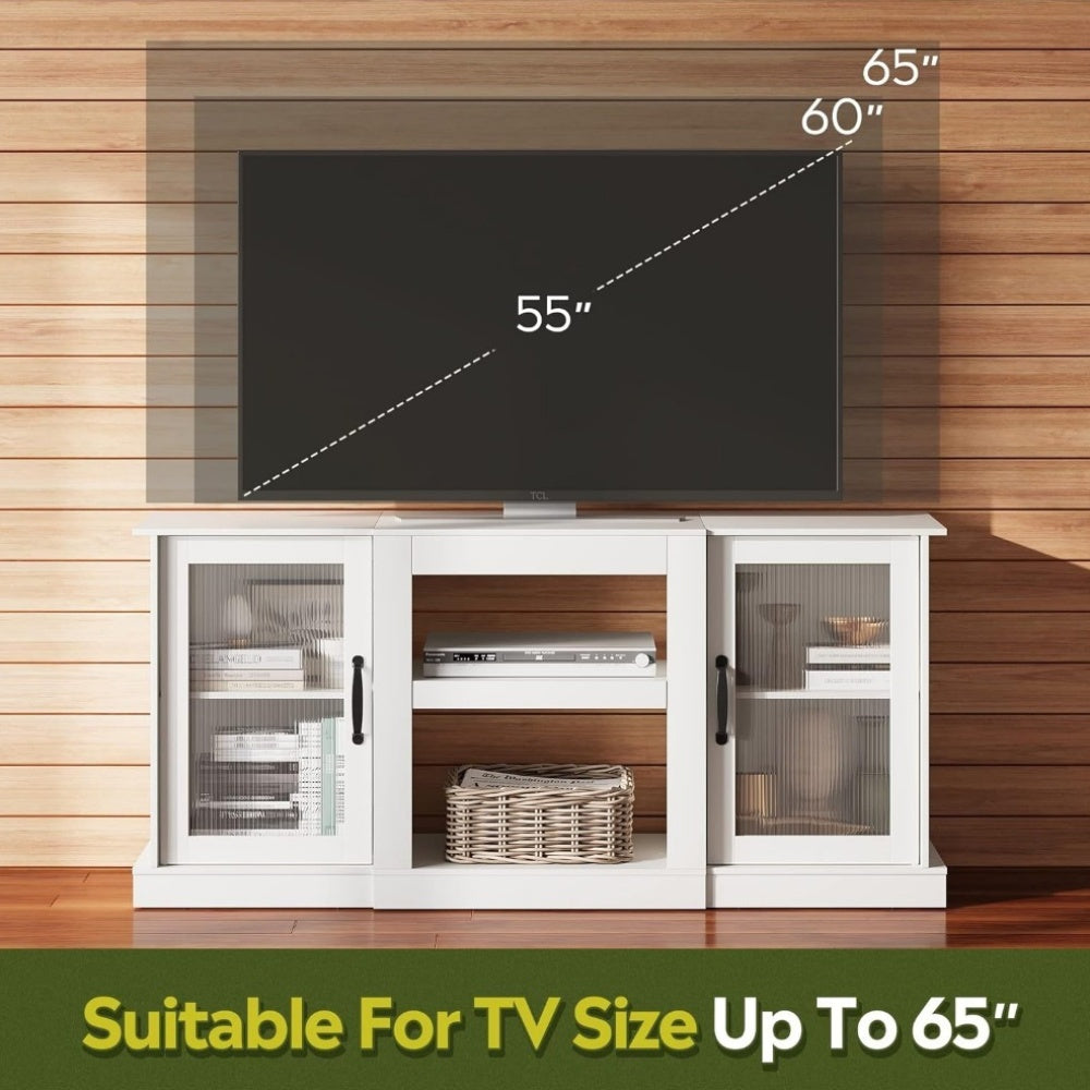 Retro TV Stand for 65 inch TV, TV Console Cabinet with Storage, Open Shelves Entertainment Center for Living Room and Bedroom, White