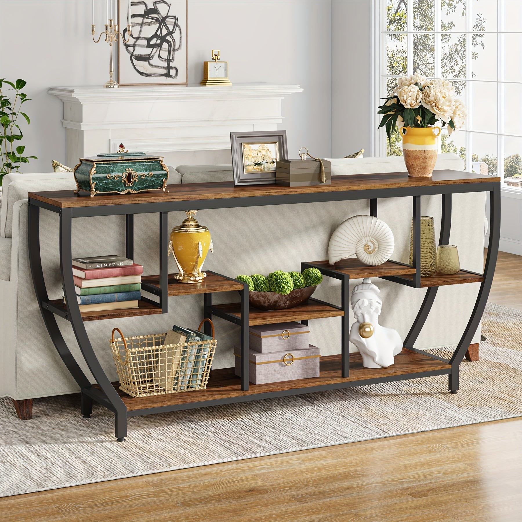 Rustic 70.9 Inch Sofa Table with Shelves, Industrial Console Table with Storage, Entryway Table TV Stand, Accent Tables for Behind Couch, Living Room, Hallway, Foyer, Utility Racks