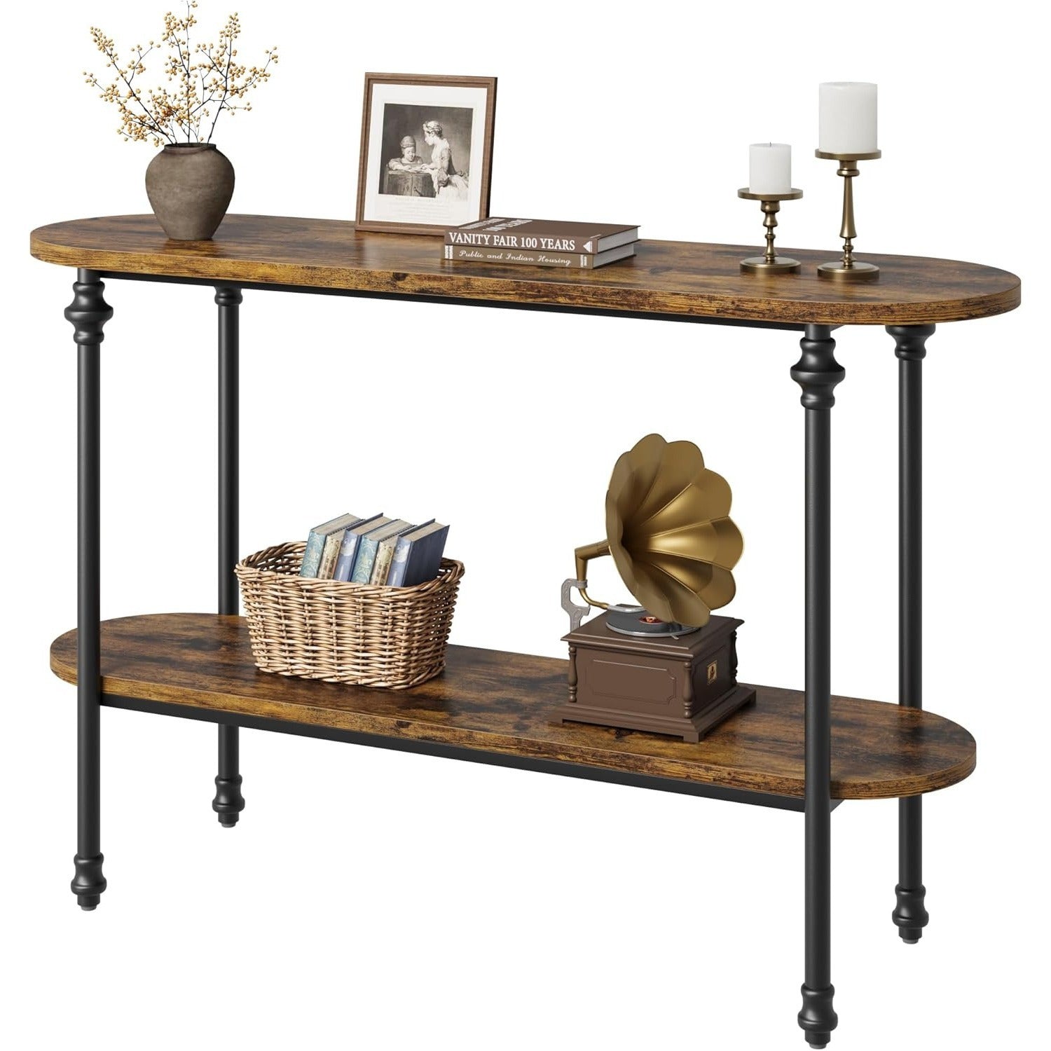 Entryway Table, 43.3" Long Console Table with Storage, 2 Tier Wood Console Table with Metal Frame and MDF, Sofa Tables Behind Couch, Hallway Table for Foyer-Rustic Brown