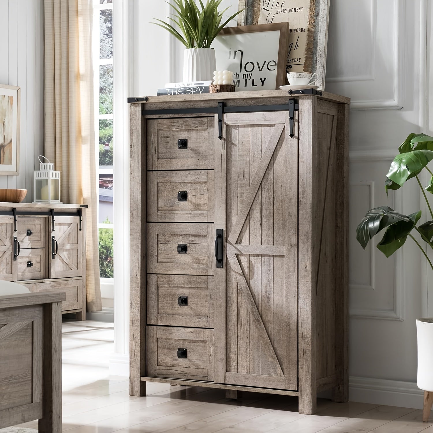 5 Drawers Dresser for Bedroom w/Sliding Barn Door Farmhouse Modern Tall Dresser 5 Chest of Drawers Storage Organizer