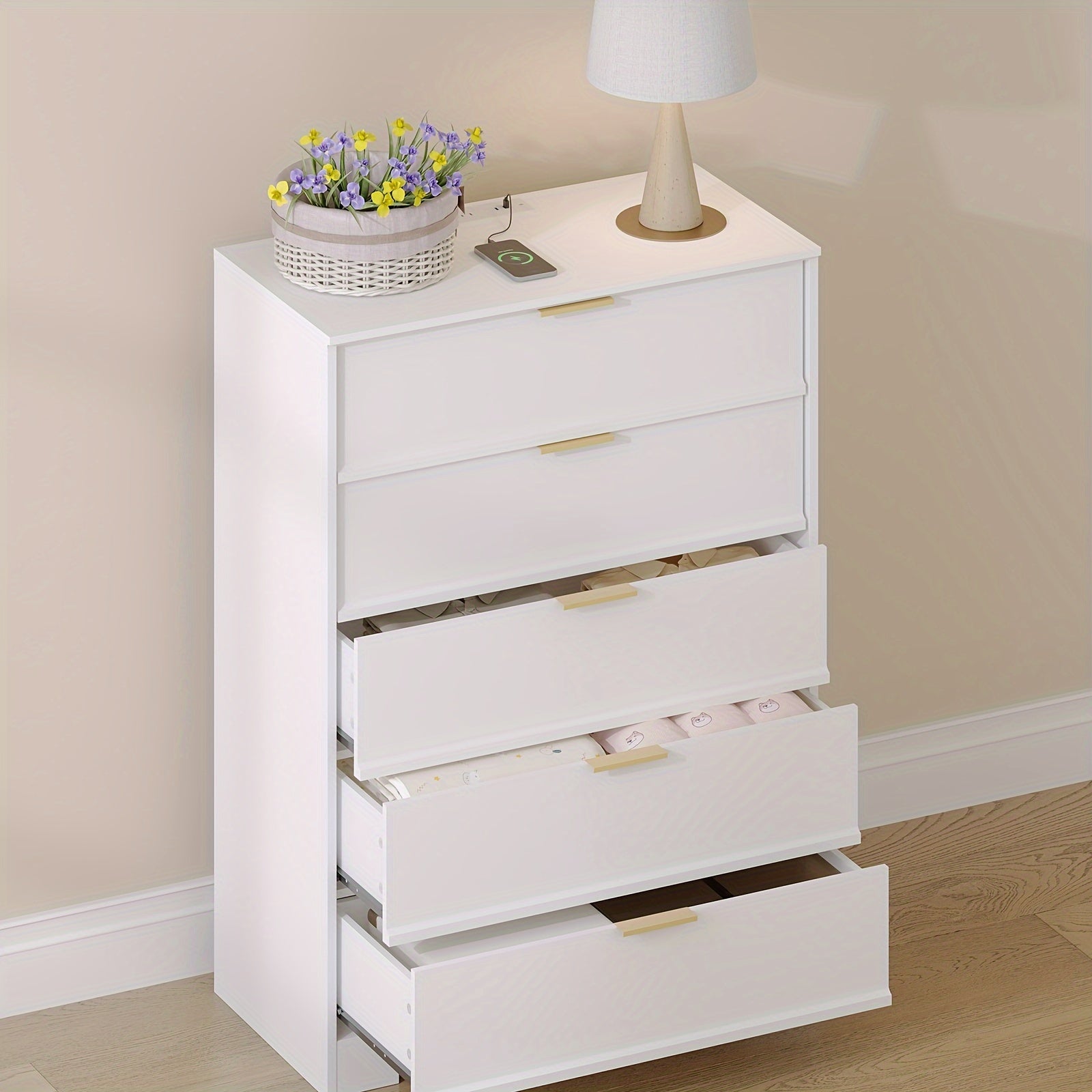 5 Drawers Dresser With Charging Station 78cm Wooden Chest Of Drawers Modern Wood Storage Organizer Units For Living