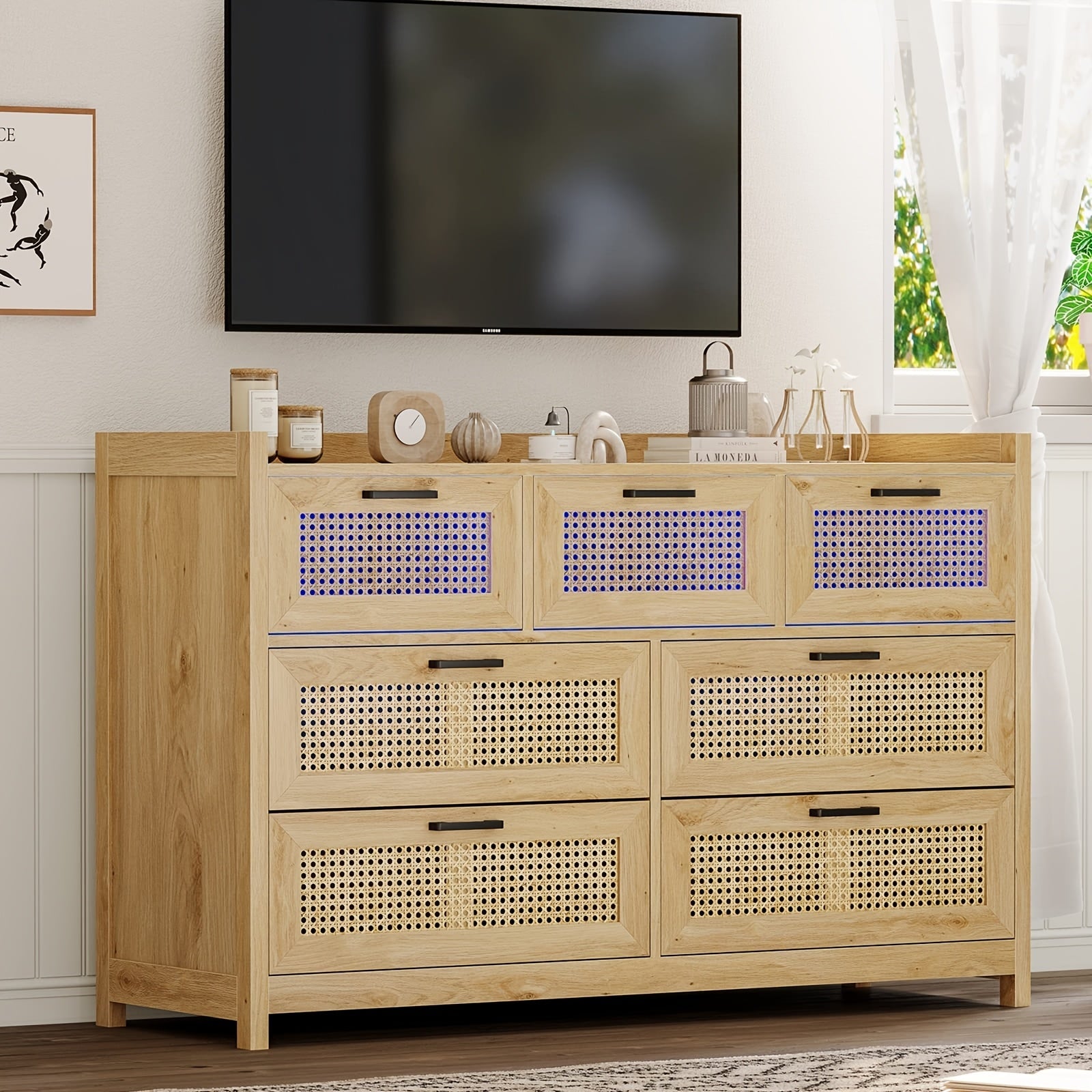 Modern Rattan 7-Drawer Dresser with Metal Handles - Spacious Storage Chest for Bedroom, Living Room, or Hallway