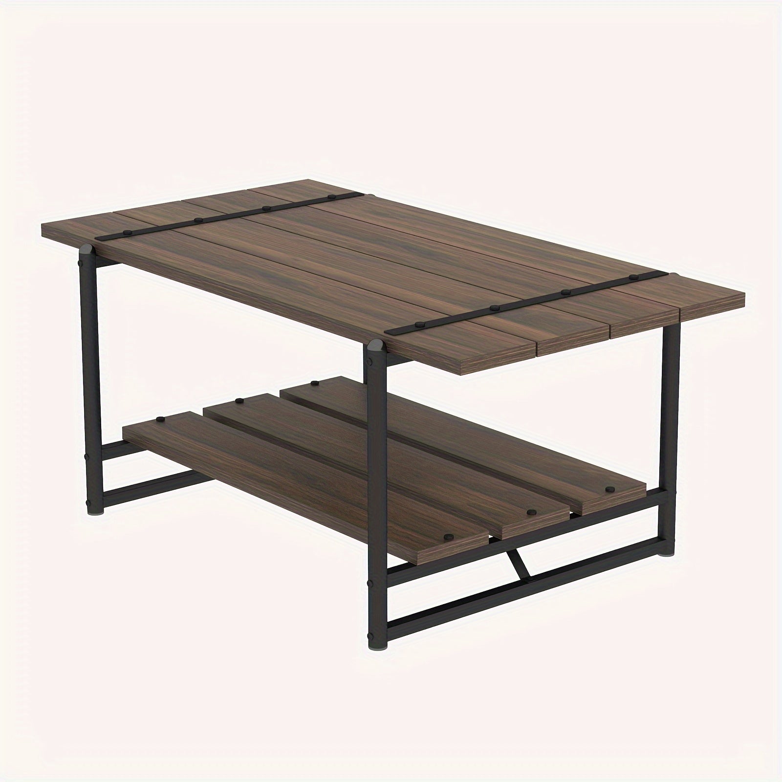 Rustic 2-Tier Wooden Coffee Table with Metal Frame Large Storage Shelves Industrial Design for Living Room or Home