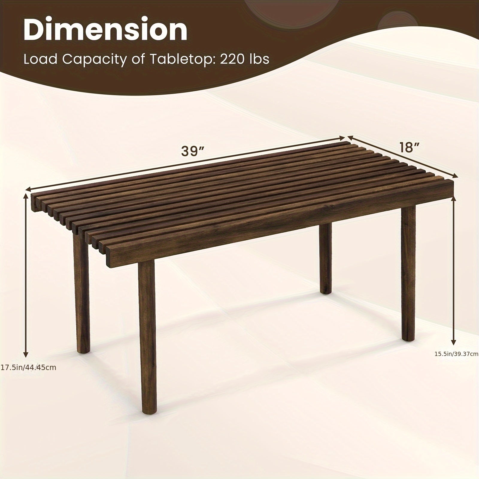 1pc 40 Inch Coffee Table, Wood Rectangle Cocktail Tea Table, Slatted Tabletop, Brown