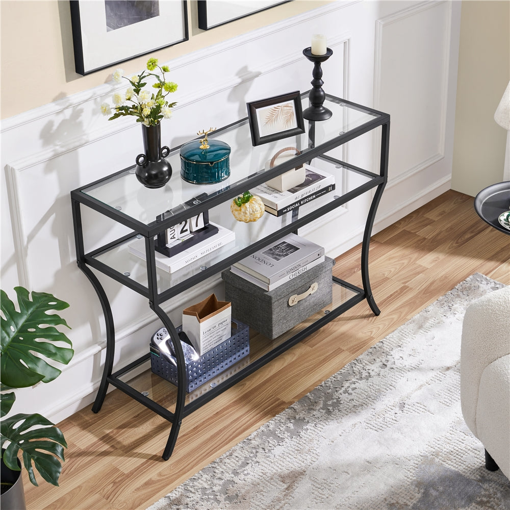 42 Inch 3-Tier Tempered Glass Console Table,Modern Glass Sofa Table, Entryway Table with Lower Shelf,Black