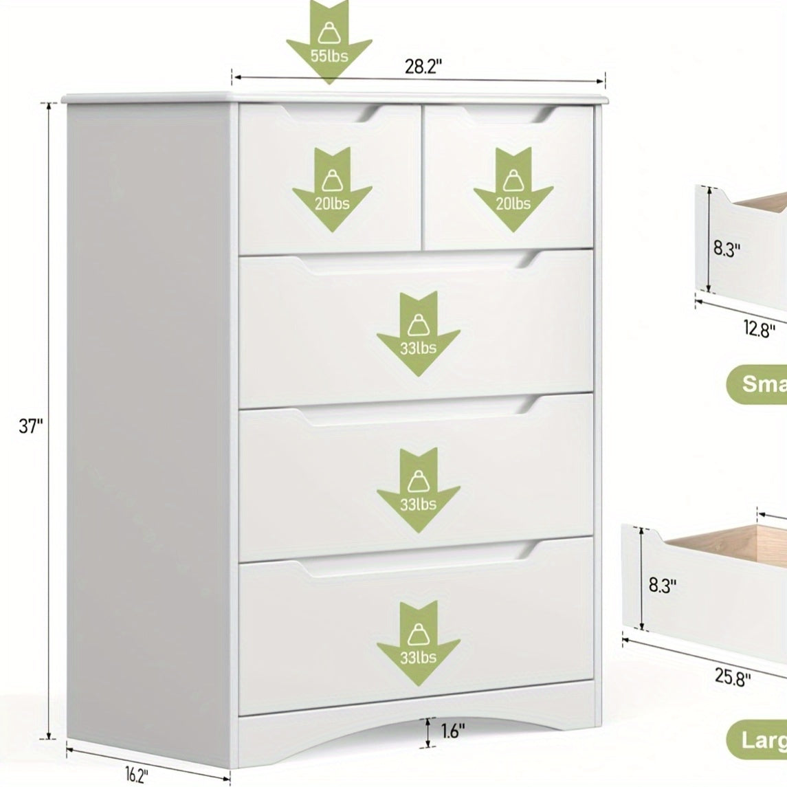 5 Drawer Dresser For Bedroom Chest Of Drawers With Storage Storage Chest Organizers With Cut-Out Handles Accent Storage